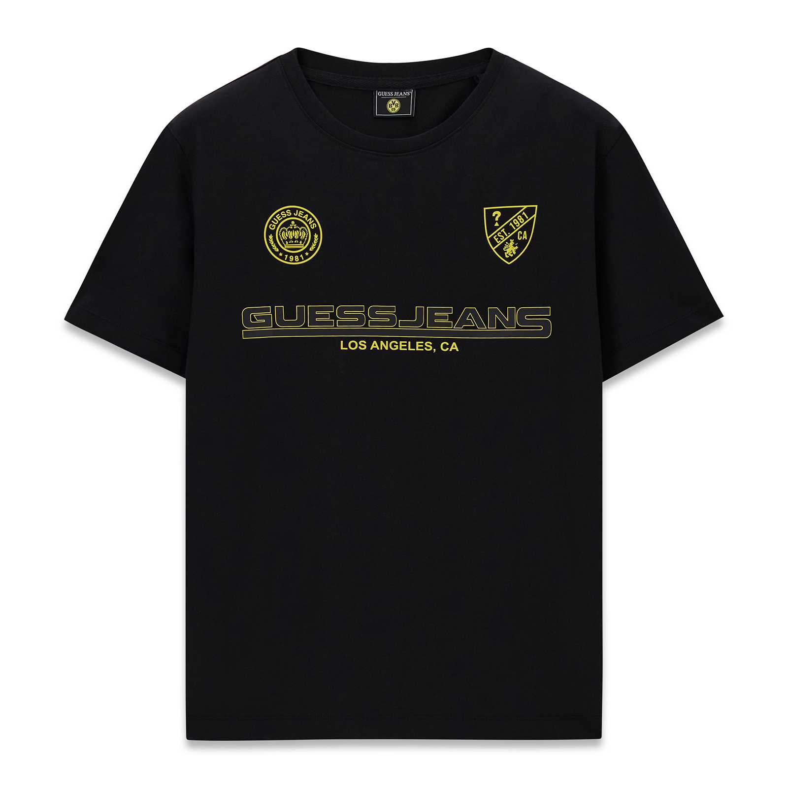 Vorderansicht des schwarzen BVB-Shirts mit gelbem Prints.