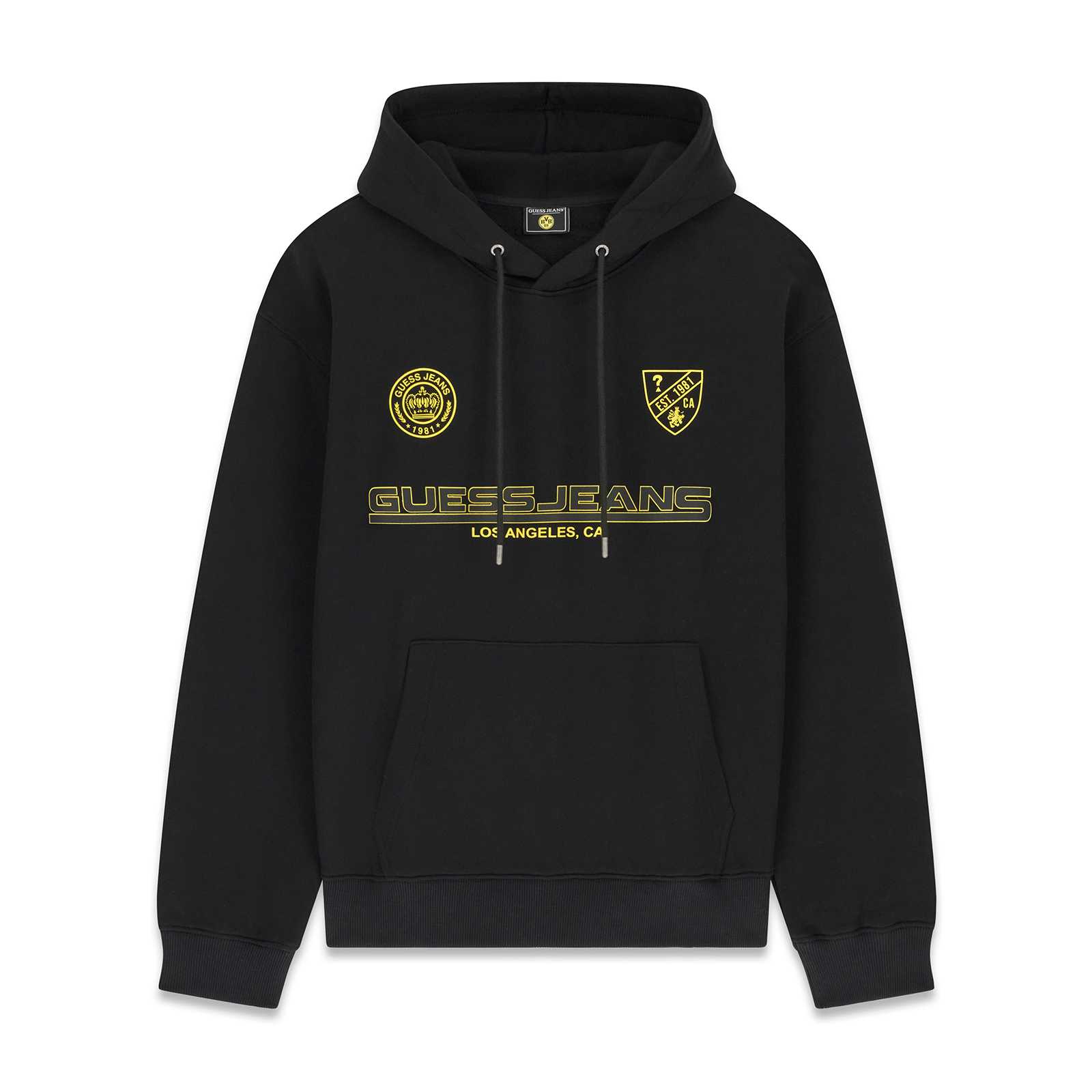 Vorderansicht des schwarzen BVB-Hoodies mit gelben Prints.