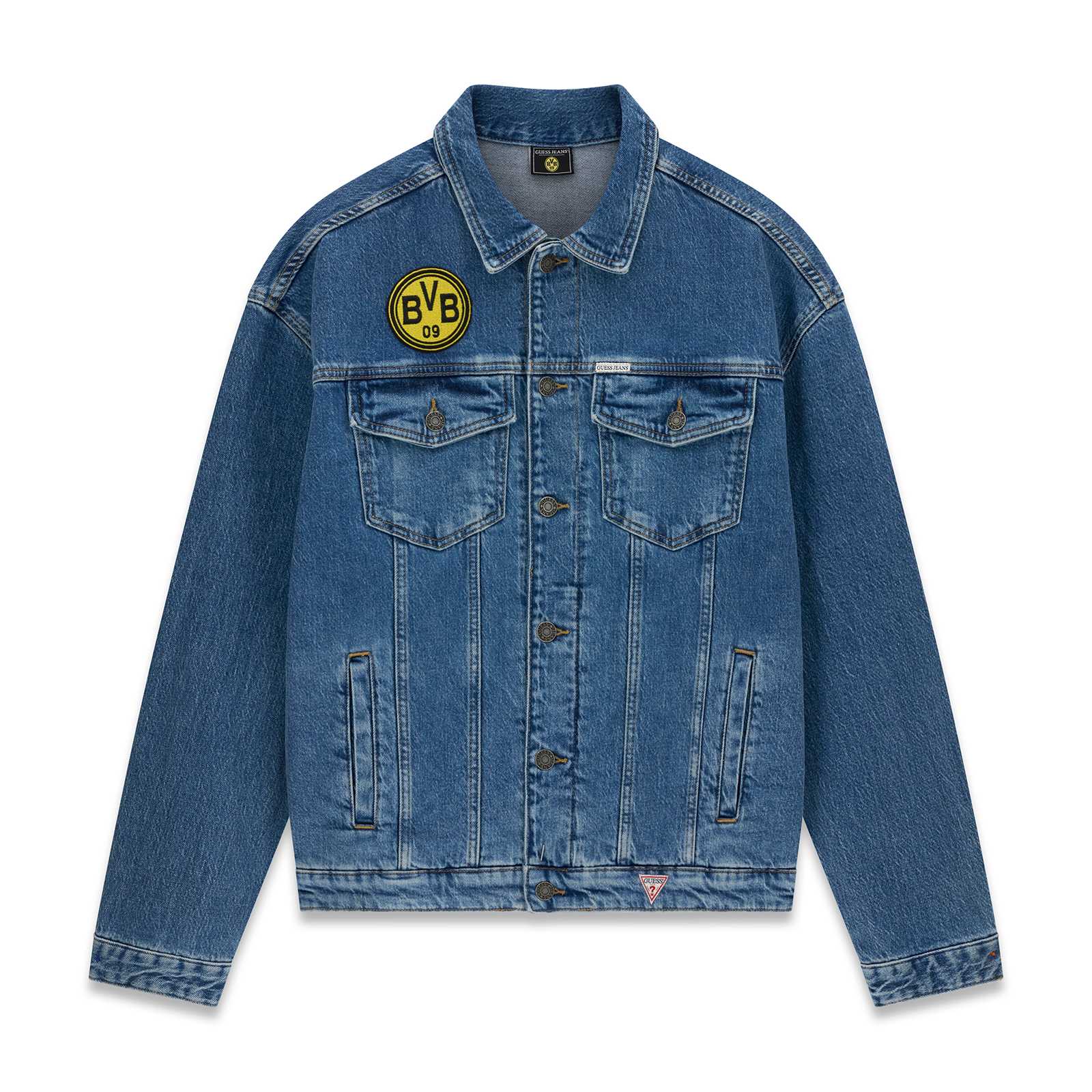 Vorderansicht der BVB-Jeansjacke mit gelbem Retro-Logo auf der Brust.