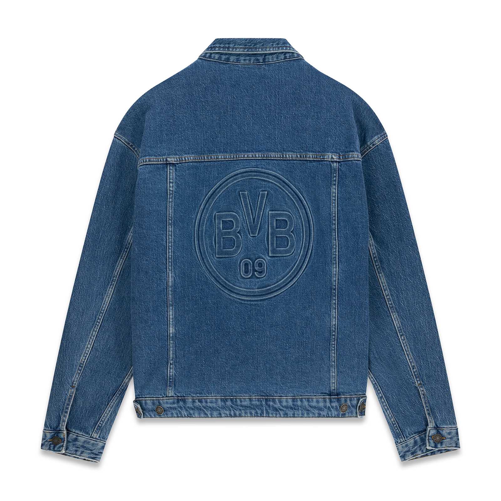 Rückansicht der BVB-Jeansjacke mit großem BVB Logo auf dem Rücken.