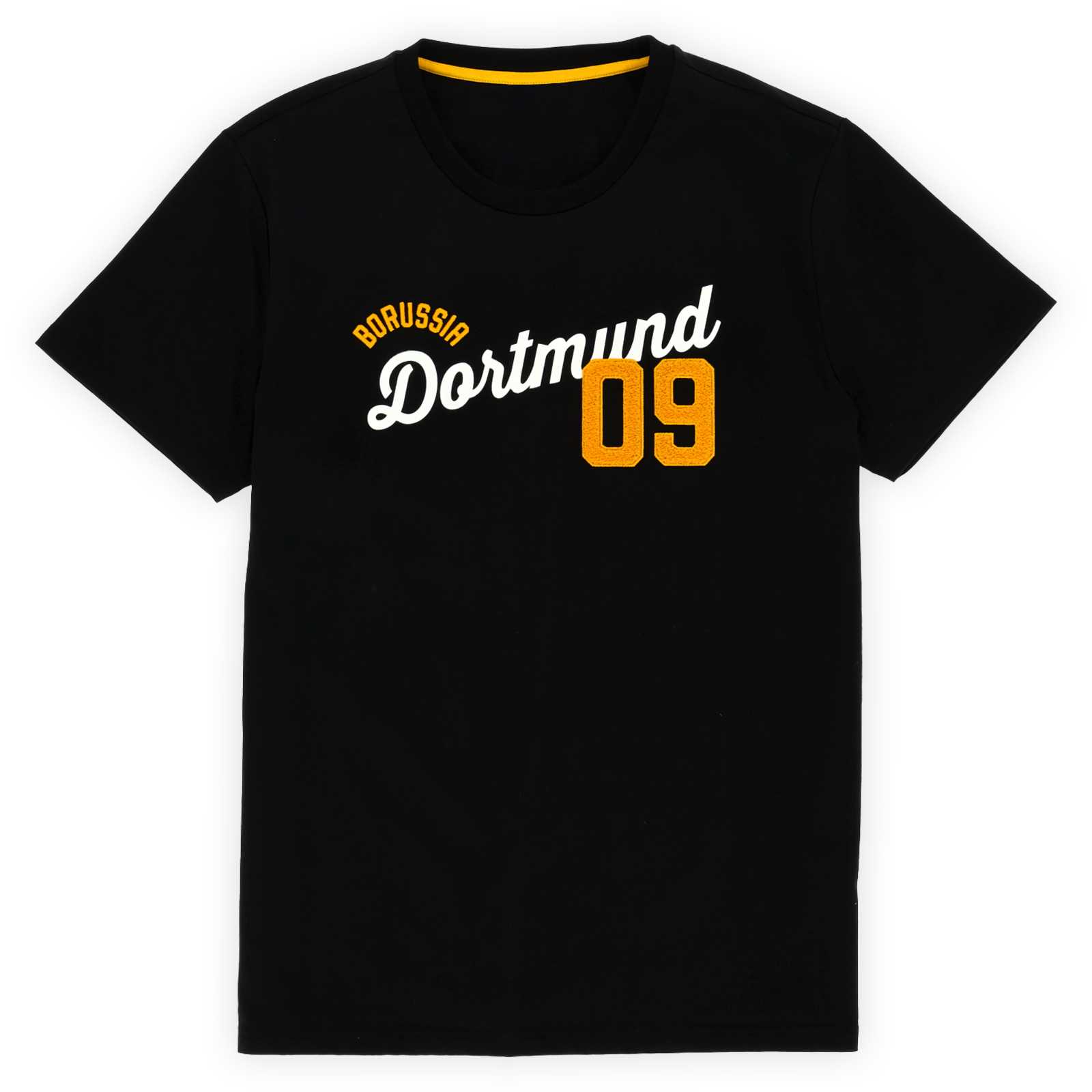 Vorderansicht des schwarzen BVB-Shirts mit Borussia Dortmund 09 Print auf der Brust.