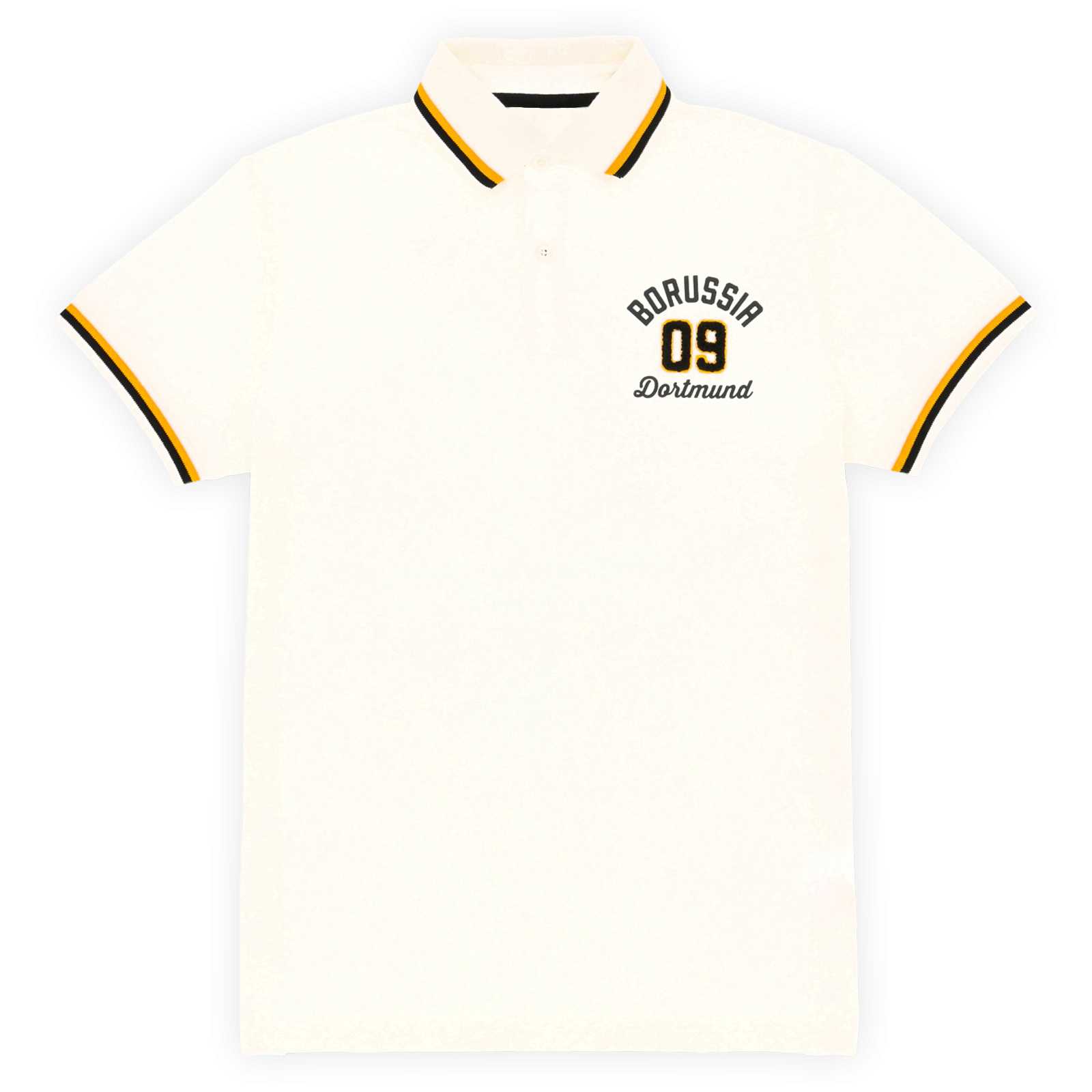Vorderansicht des weißes BVB-Poloshirts mit Borussia 09 Dortmund Print auf der Brust.