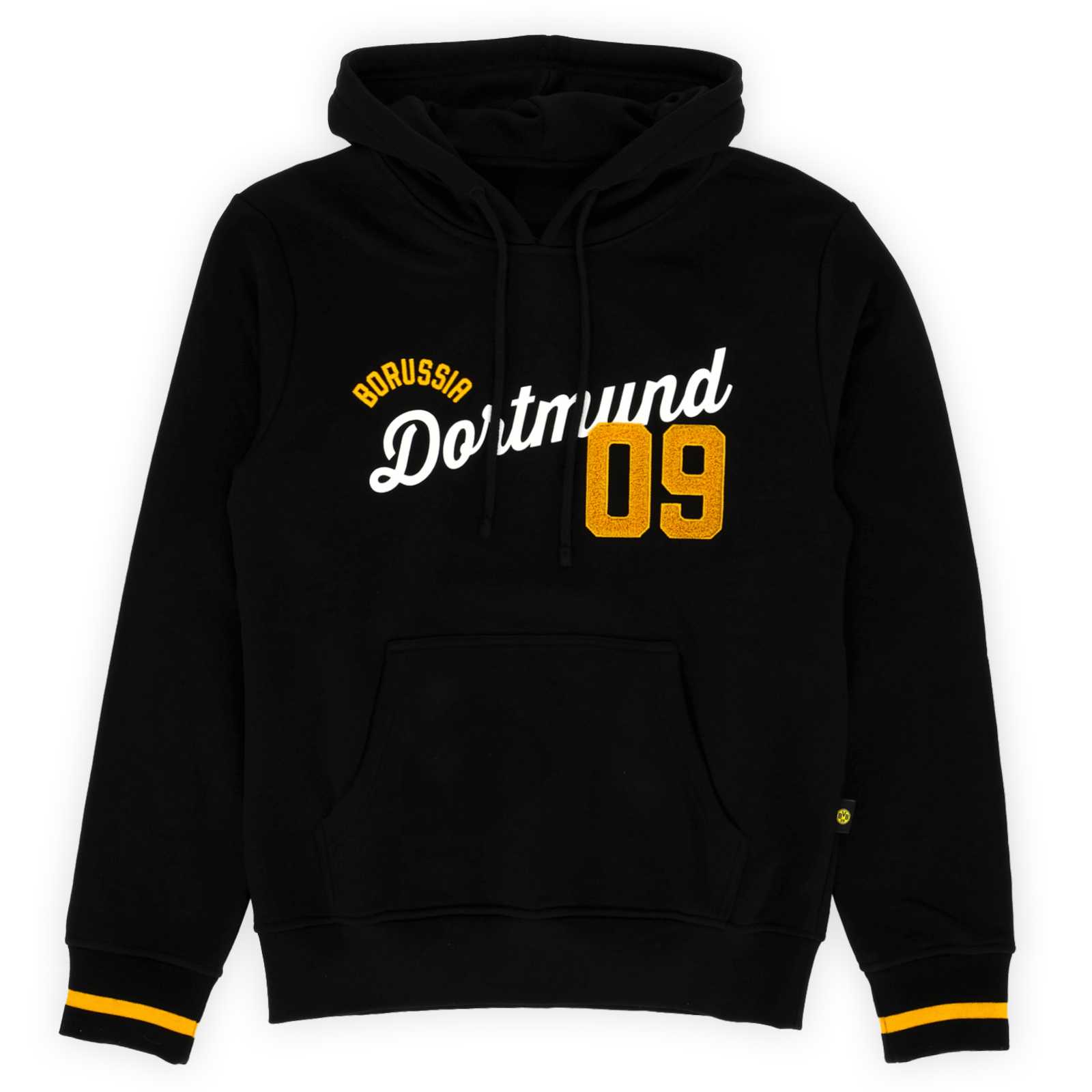 Vorderansicht des schwarzen Hoodies mit Borussia Dortmund 09 Print auf der Brust.