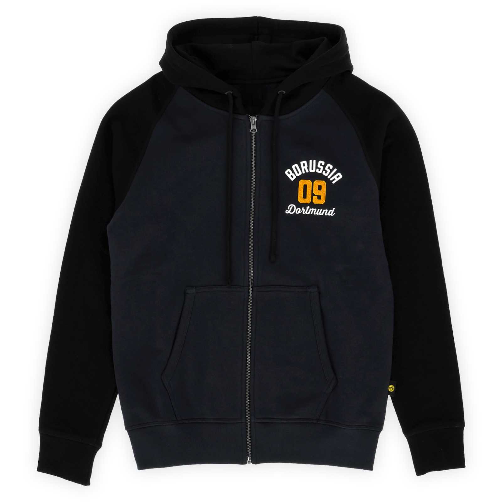 Vorderansicht der schwarzen BVB-Jacke mit kleinem Frontprint auf der Brust.