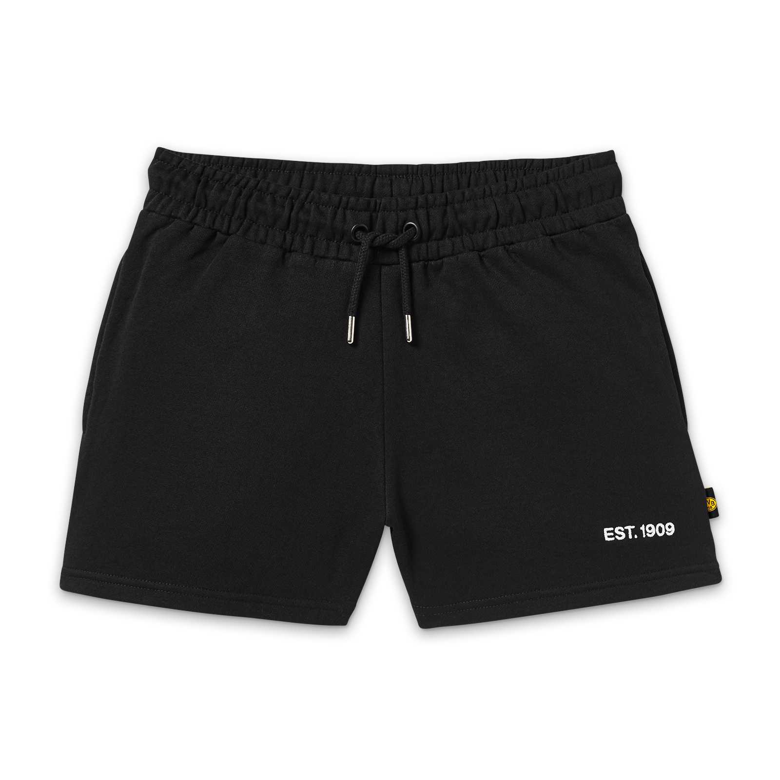 Vorderansicht der schwarzen BVB-Shorts mit Kordel am Bund, Seitentaschen und einem EST. 1909 Print auf der linken Seite.