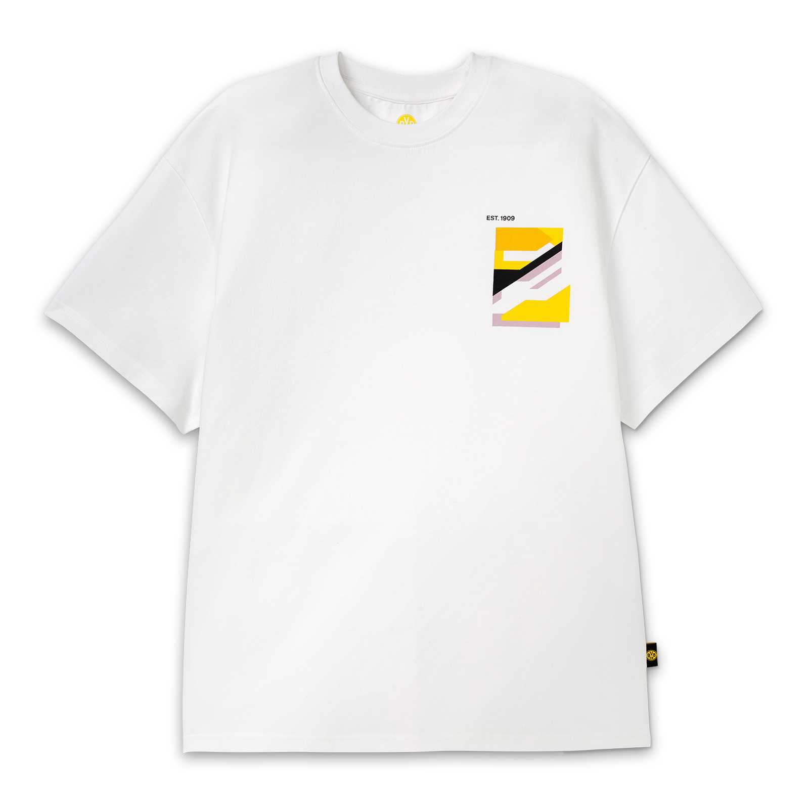 Vorderansicht des weißen BVB-Shirts mit kleinem Print auf der Brust.