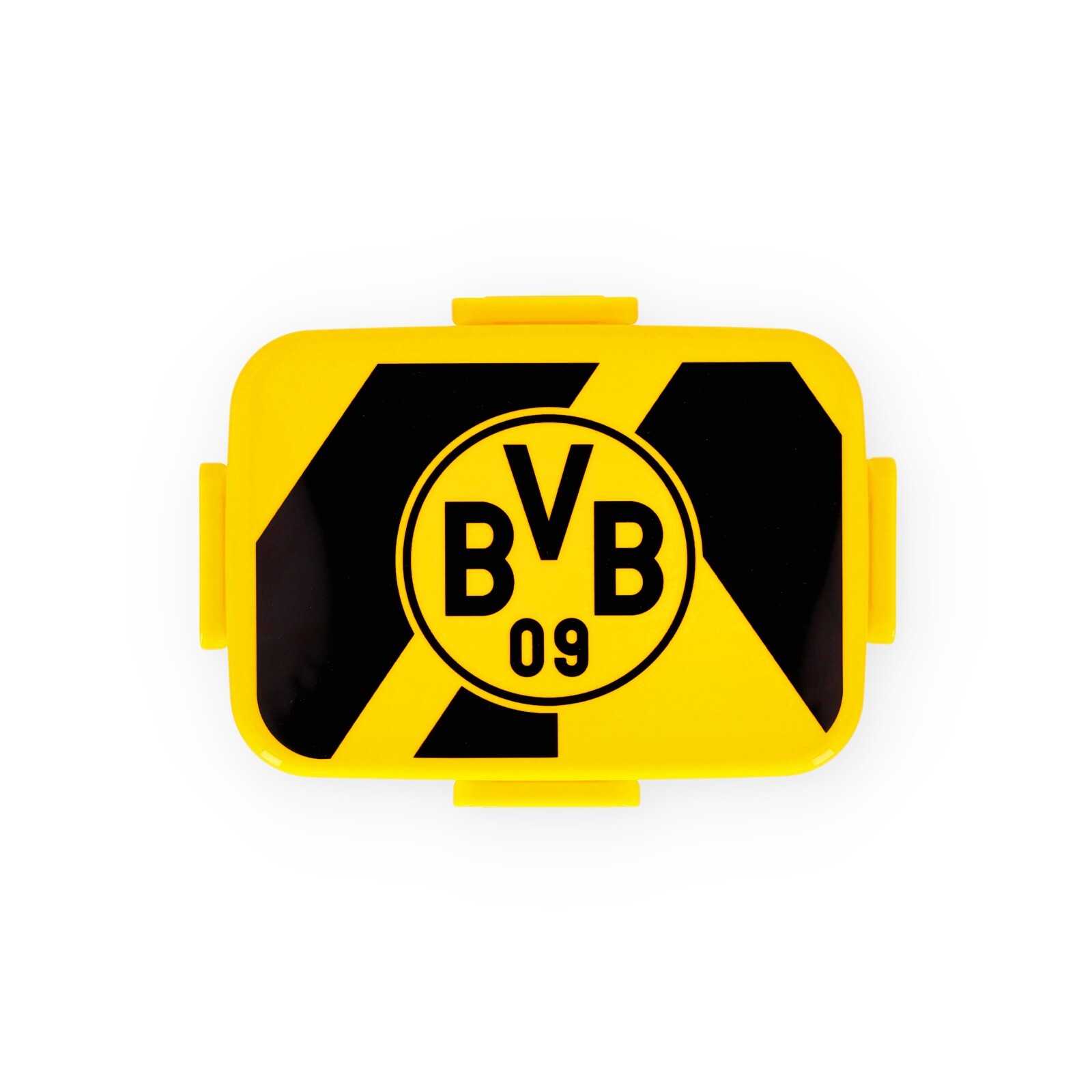 Die gelbe Brotdose von oben mit BVB-Emblem und schwarzgelben Muster auf dem Deckel