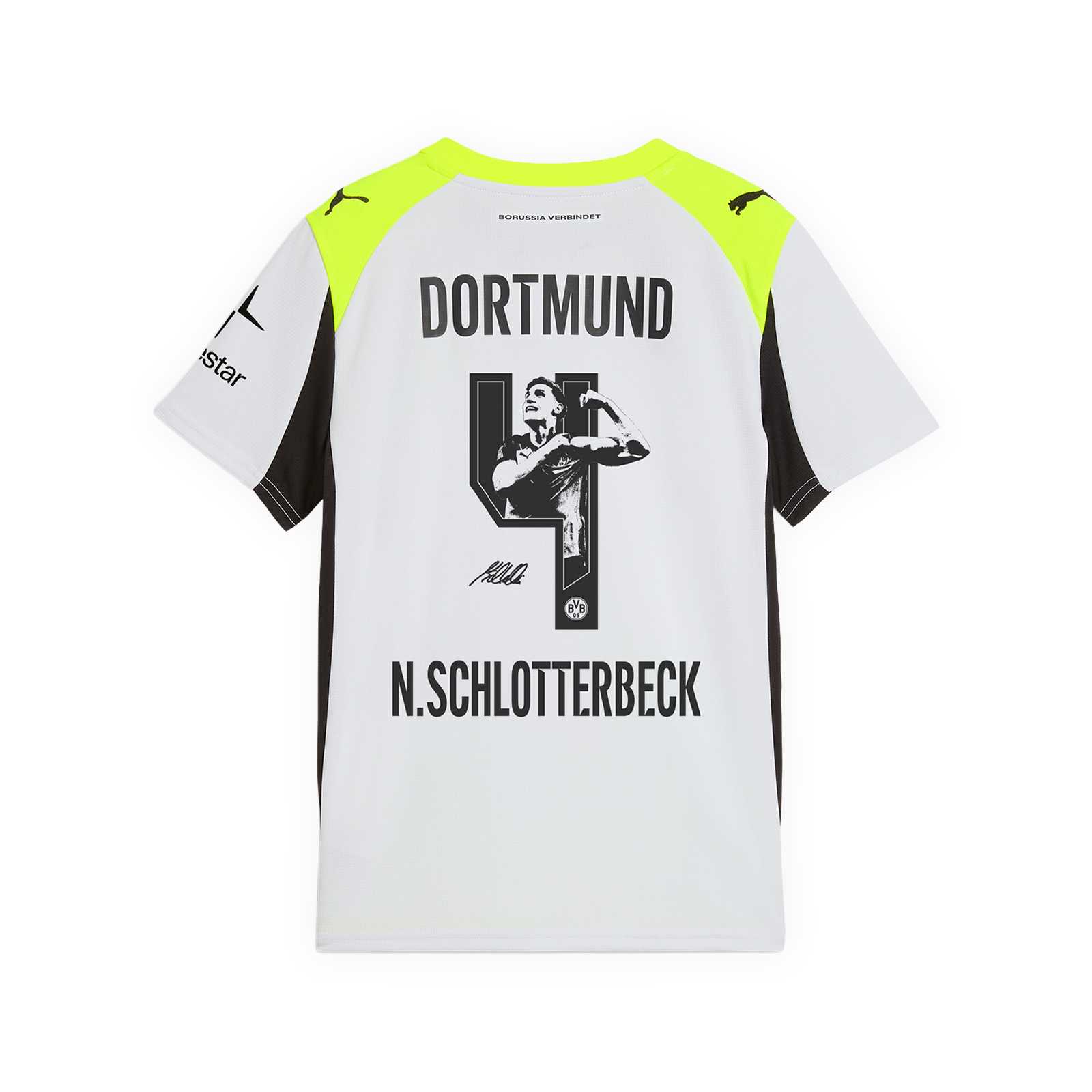 Rückansicht des BVB-Auswärtstrikots 25/26 mit der Nummer 4 und Bild von Nico Schlotterbeck.