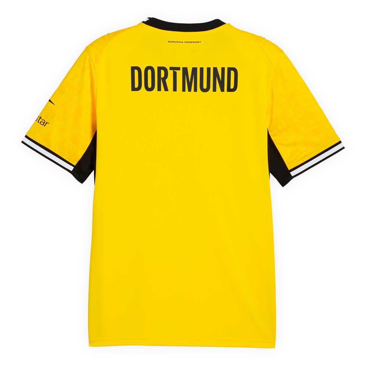 Die Rückansicht des gelben Heimtrikots mit schwarzweißem Kragen und Armbündchen, kurzen Ärmeln und Dortmund-Schriftzug im Schulterbereich