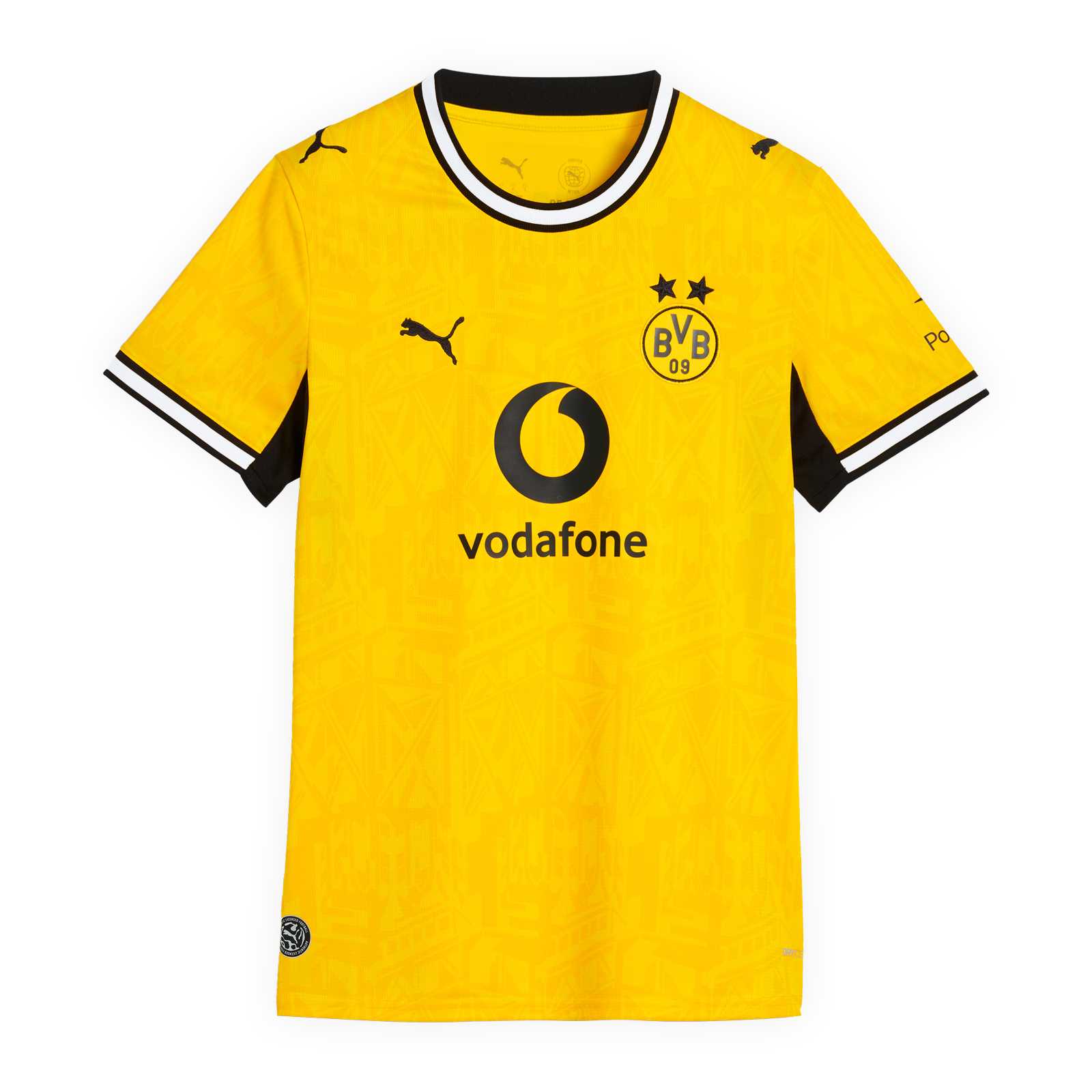 Die Vorderansicht des gelben Heimtrikots mit schwarzweißem Kragen und Armbündchen, kurzen Ärmeln, schwarzer PUMA-Katze, BVB-Emblem und Vodafone-Logo auf der Brust.