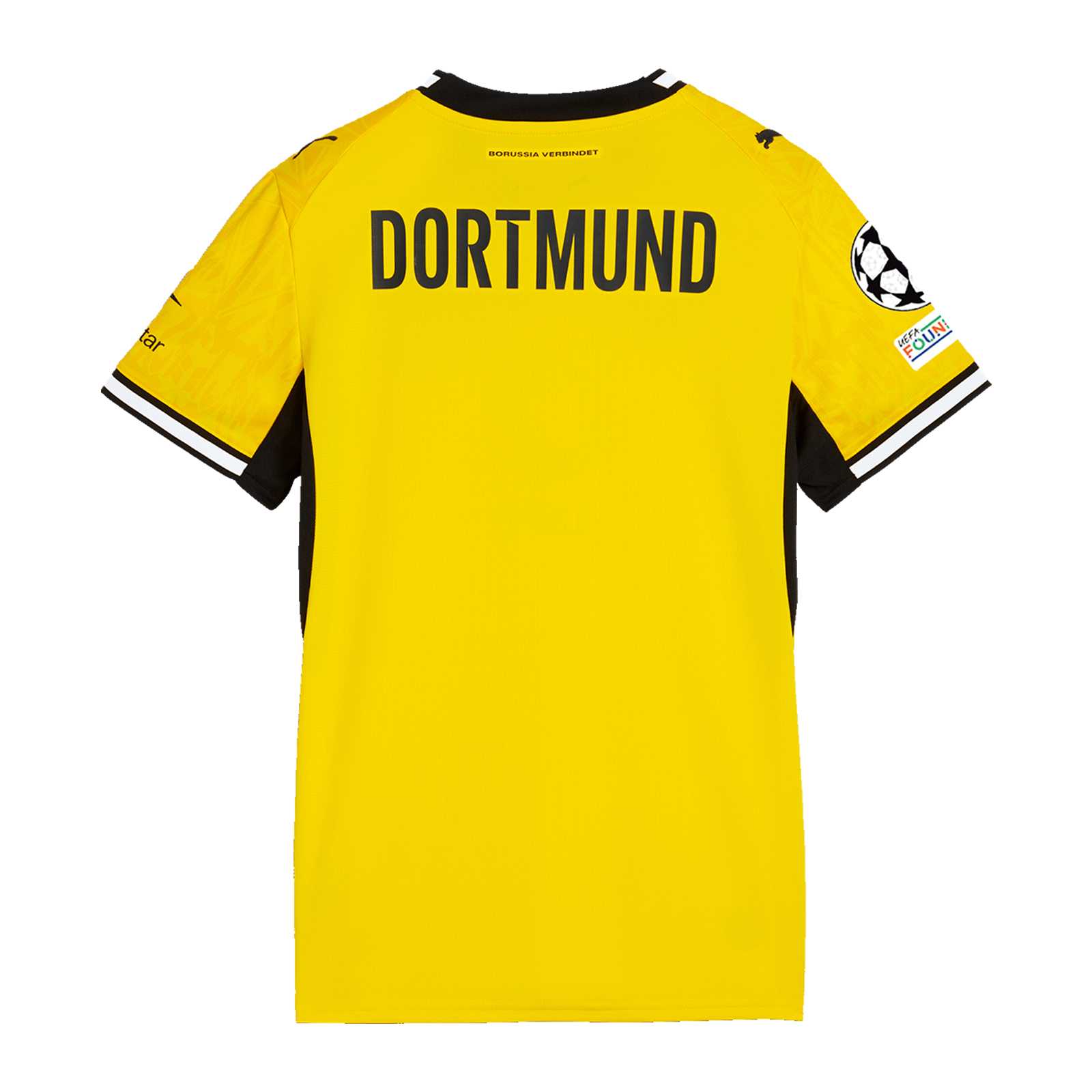 Die Rückansicht des gelben Heimtrikots mit schwarzweißem Kragen und Armbündchen, kurzen Ärmeln, CL-Logo auf dem Arm und Dortmund-Schriftzug im Schulterbereich