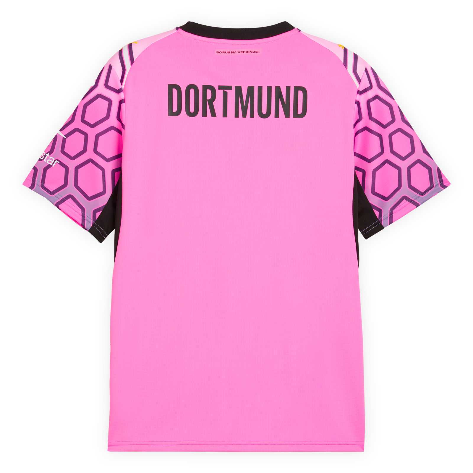 Die Rückansicht des Torwart-Trikots mit pink-lila Muster, kurzen Ärmeln und Dortmund-Schriftzug im Schulterbereich