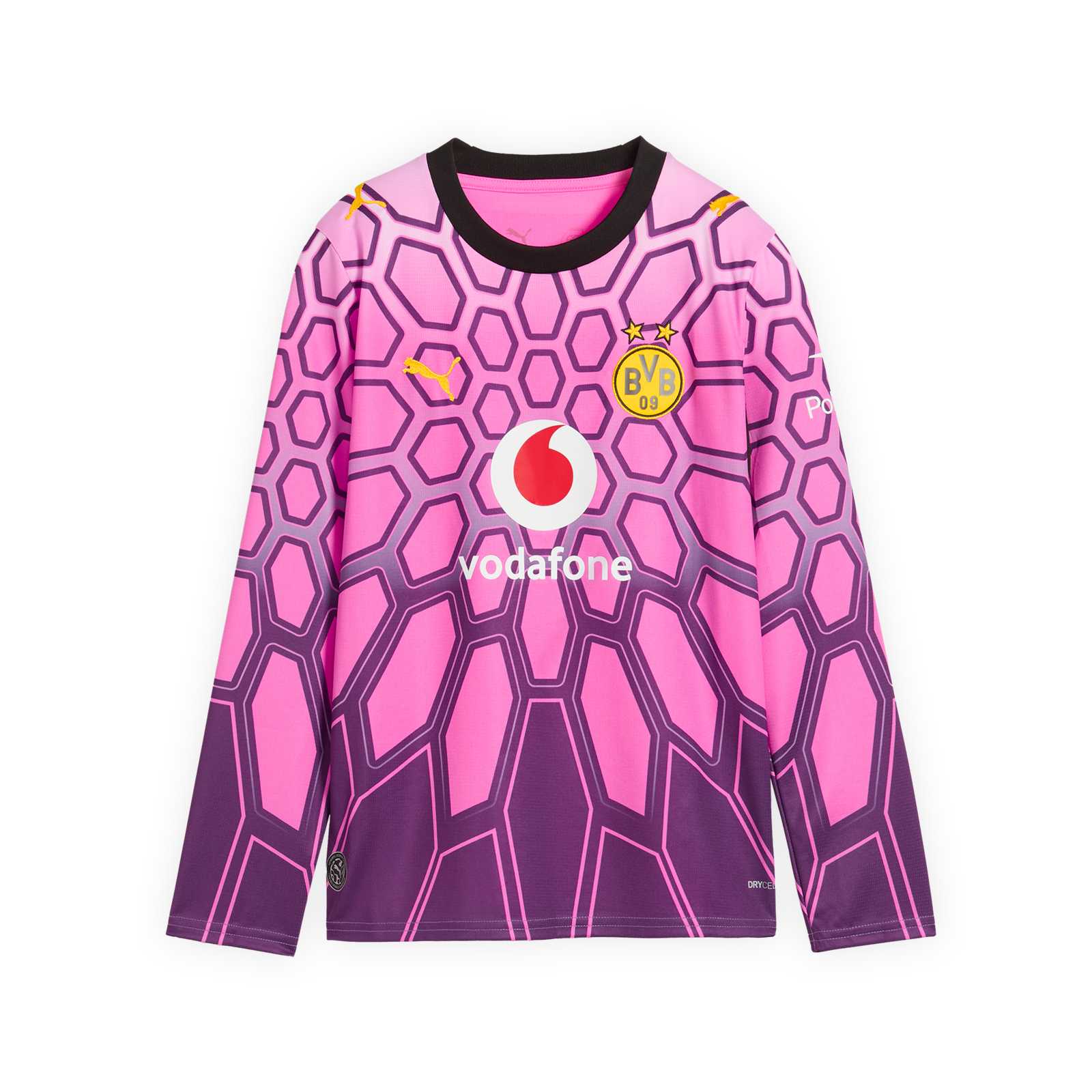 Die Vorderansicht des Torwart-Trikots mit pink-lila Muster, langen Ärmeln, gelber PUMA-Katze, BVB-Emblem und Vodafone-Logo auf der Brust.