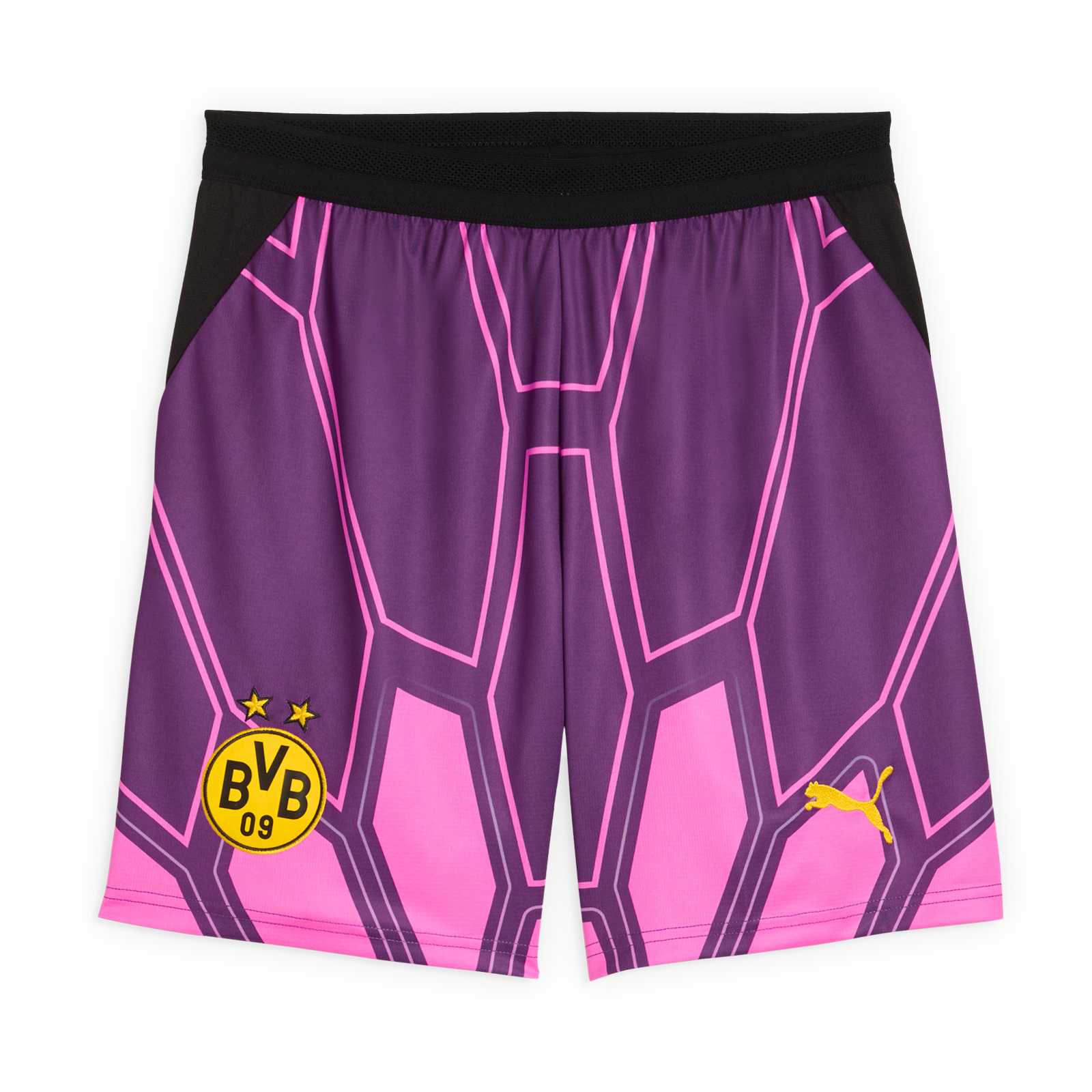 Die Vorderansicht der Torwart-Hose mit pink-lila Muster, gelber PUMA-Katze und BVB-Emblem auf den Beinen.