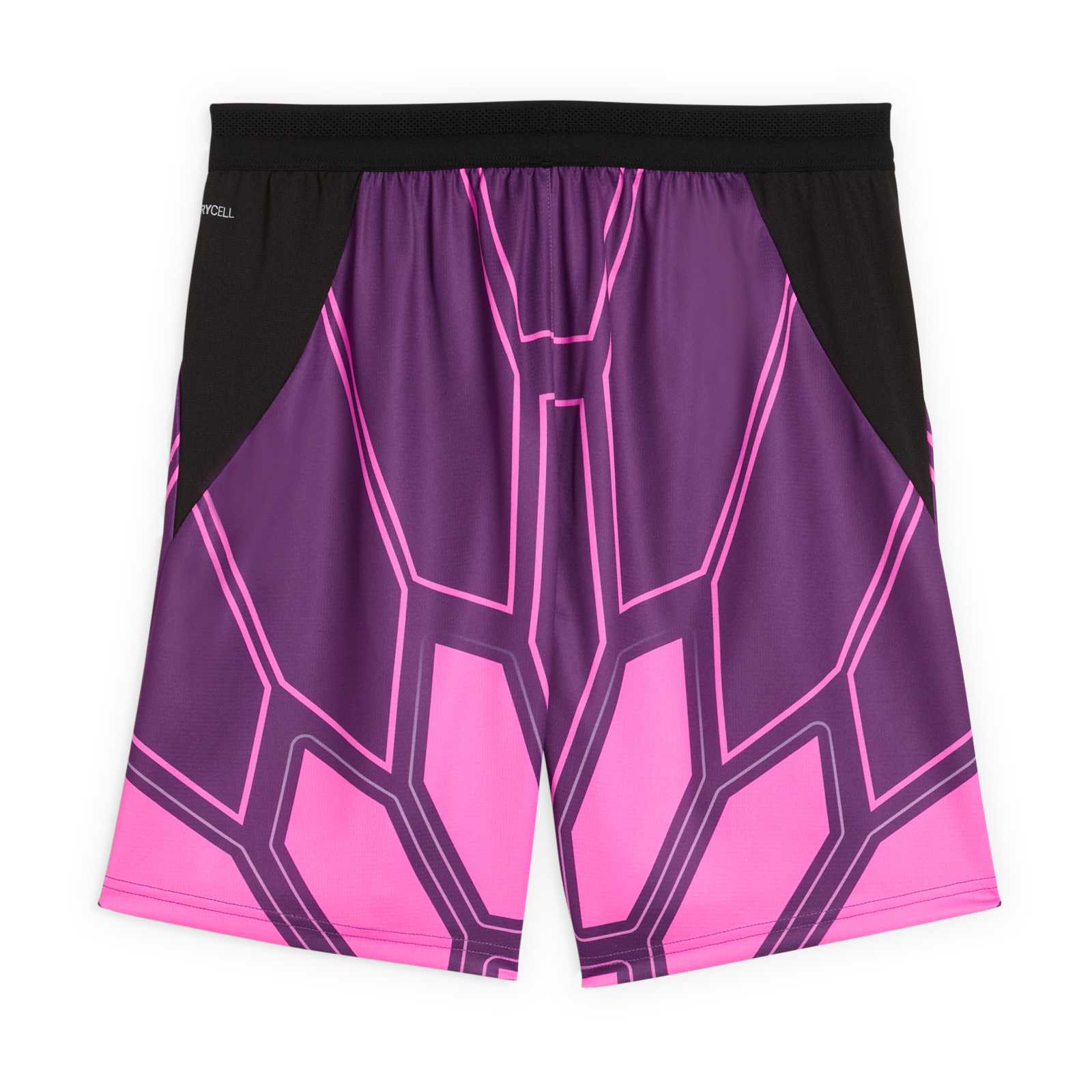 Die Rückansicht der Torwart-Hose mit pink-lila Muster.