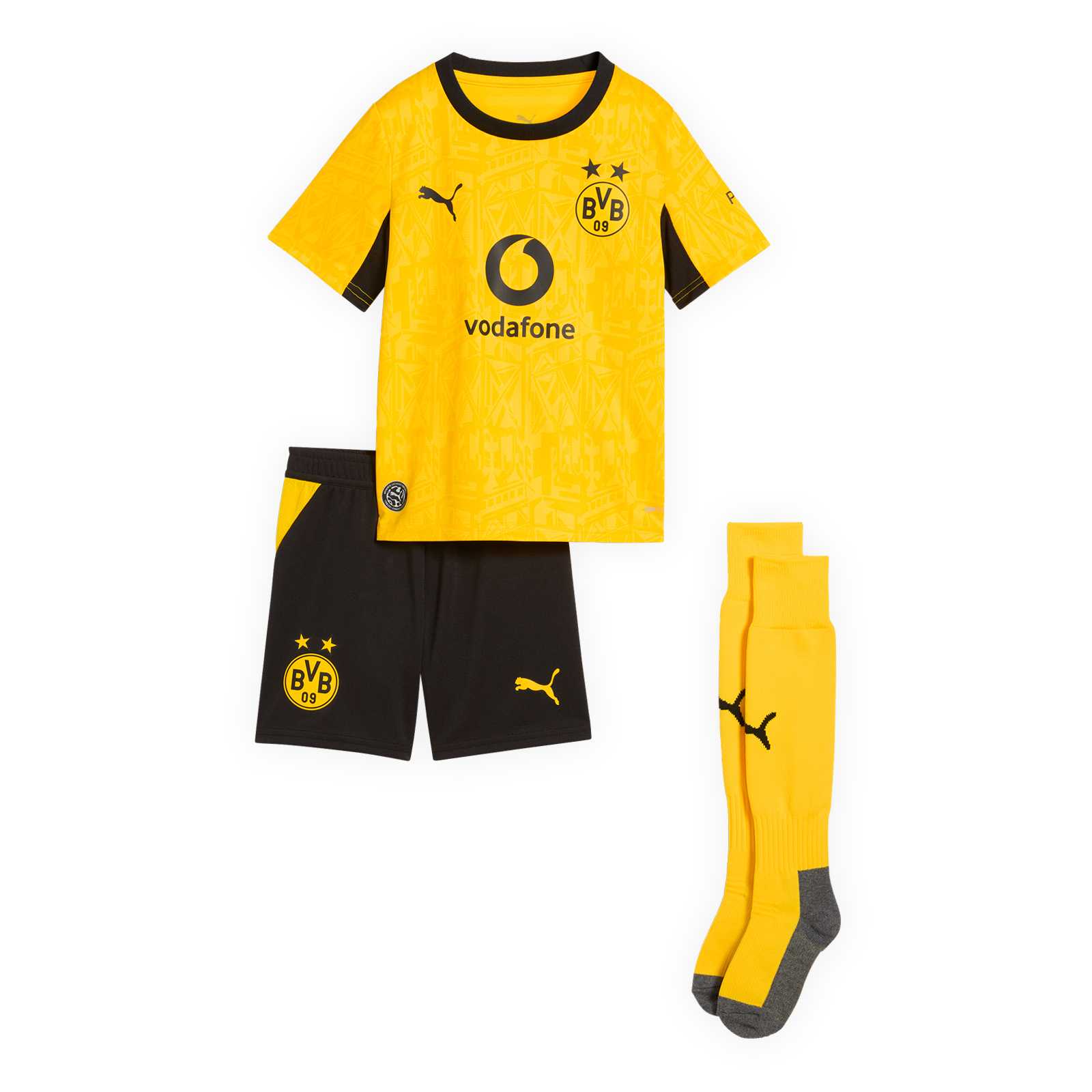 Die Vorderansicht des Kleinkinder-Sets mit gelbem Trikot mit Sponsoren-Logo, schwarzer Hose und gelben Stutzen.