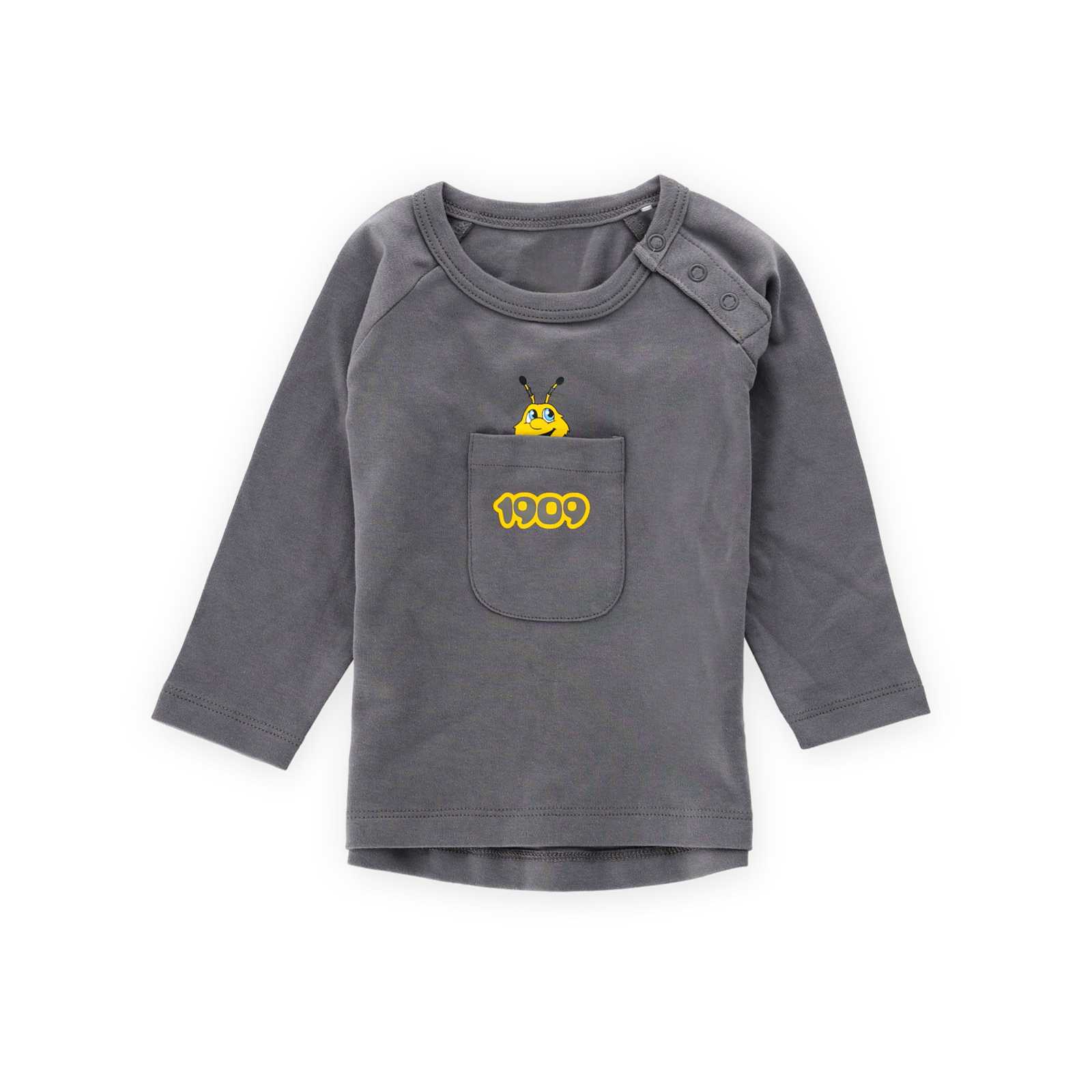 Vorderansicht des grauen BVB-Shirts mit kleiner Tasche vorne aus der das Maskottchen EMMA rauschaut und 1909-Print auf der Tasche.