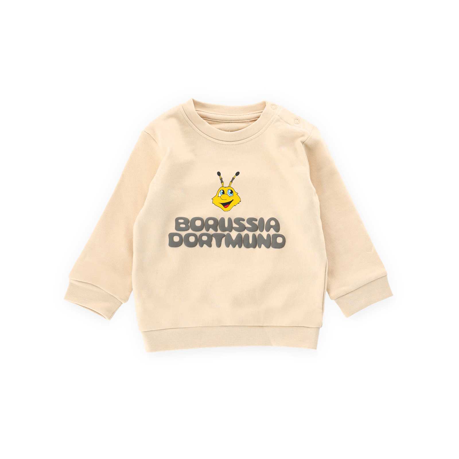 Die Vorderansicht des beigen Sweatshirts mit EMMA-Motiv und BVB09-Schriftzug auf der Brust
