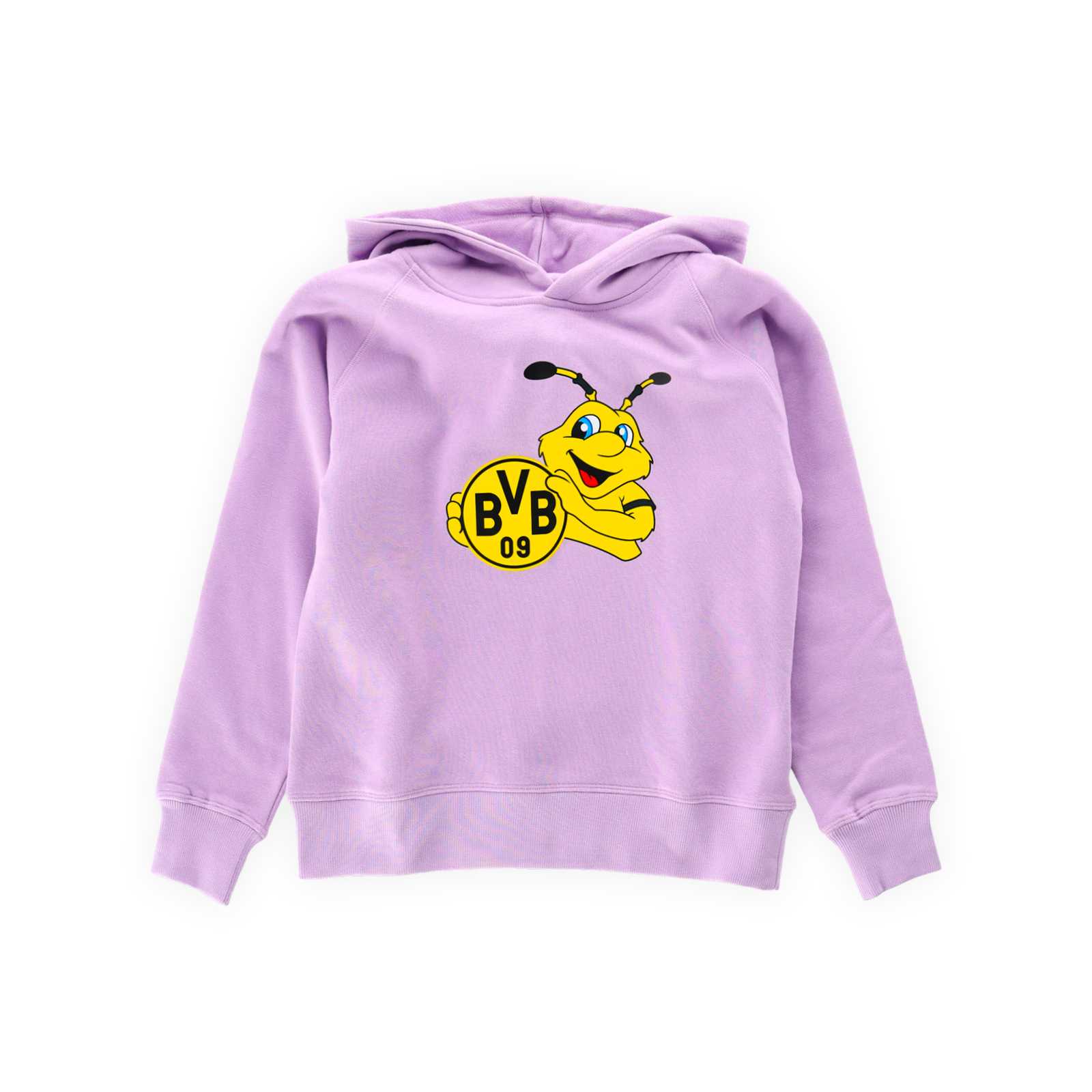 Vorderansicht des BVB-Hoodies in Lila mit BVB-Logo und Maskottchen EMMA.