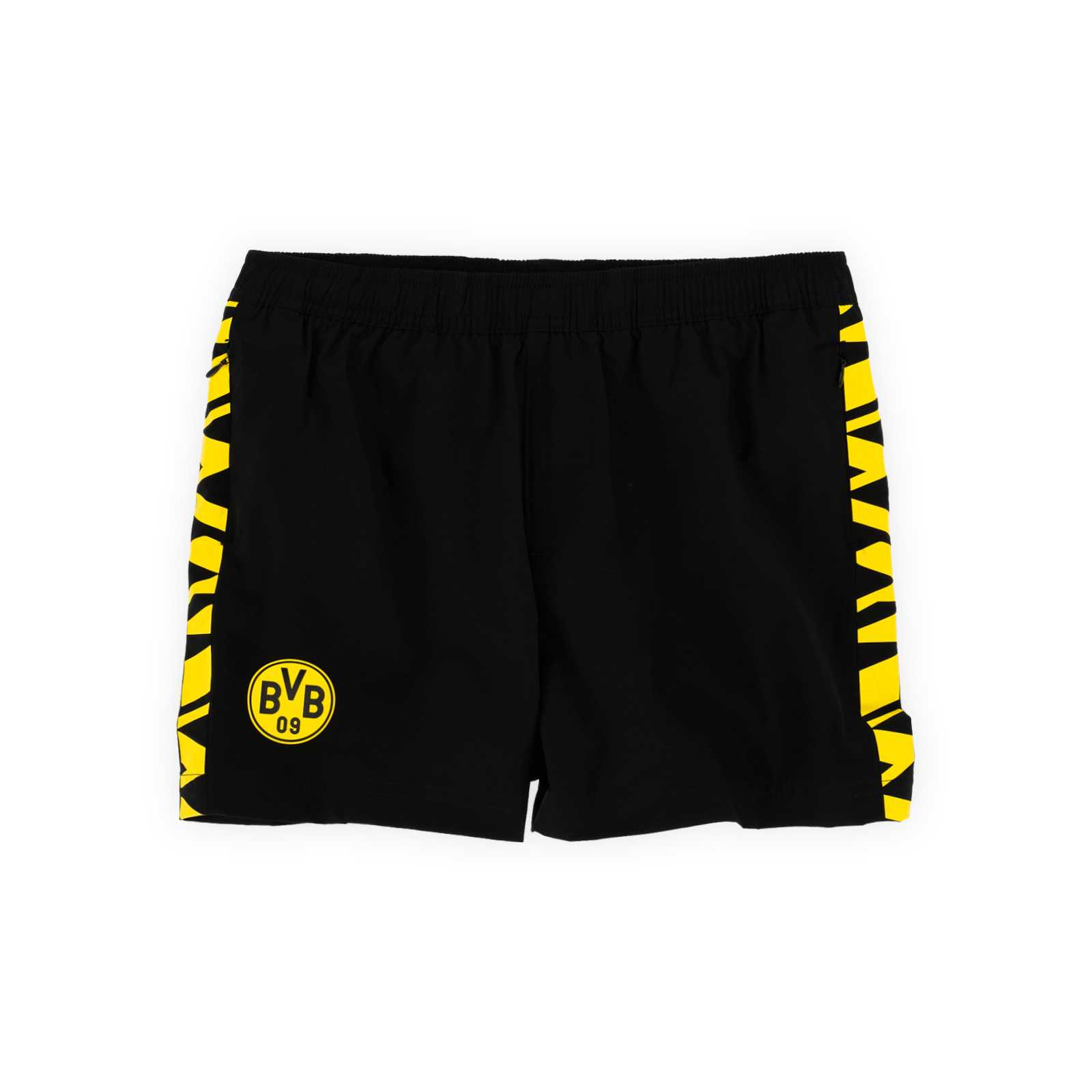 Die Vorderansicht der schwarzen Badehose mit schwarzgelb gemusterten Streifen an den Seiten und BVB-Logo auf dem Bein