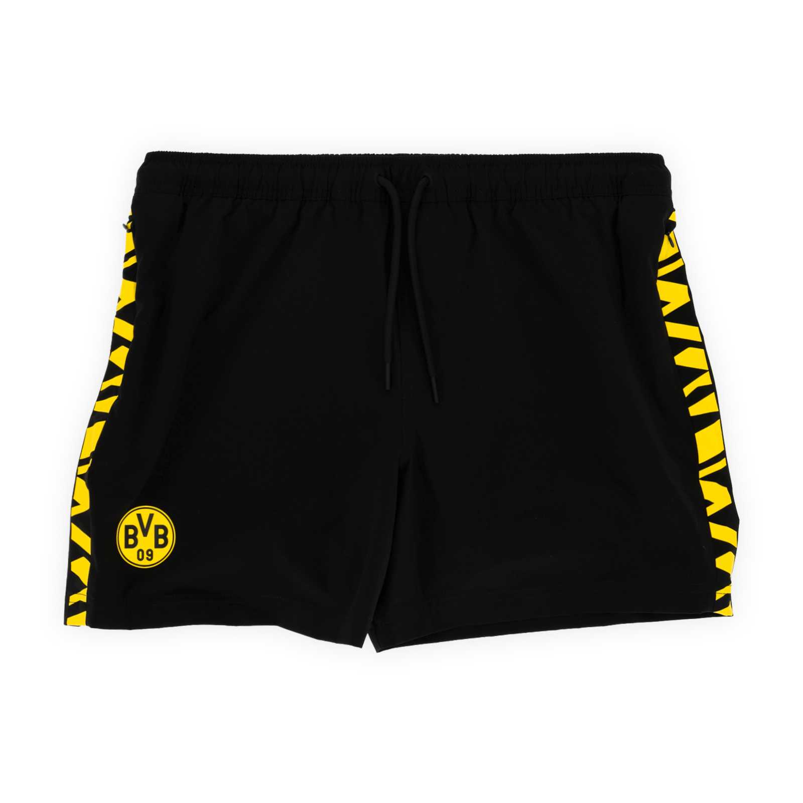 Die Vorderansicht der schwarzen Badehose mit schwarzgelb gemusterten Streifen an den Seiten und BVB-Logo auf dem Bein