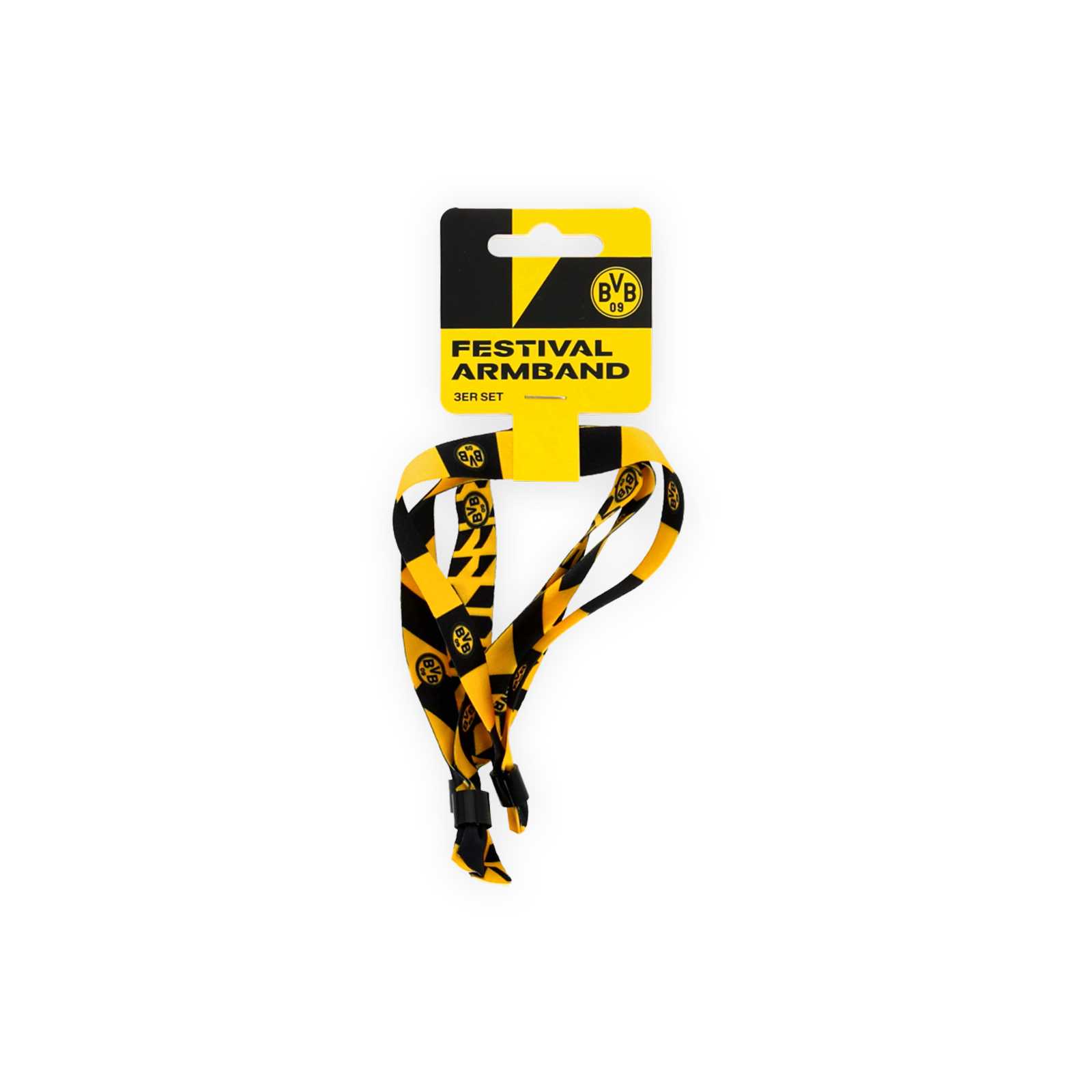 Die schwarzgelb gestreiften Festival Armbänder mit BVB-Logo in der Blisterverpackung mit der Aufschrift Festival-Armband 3er Set