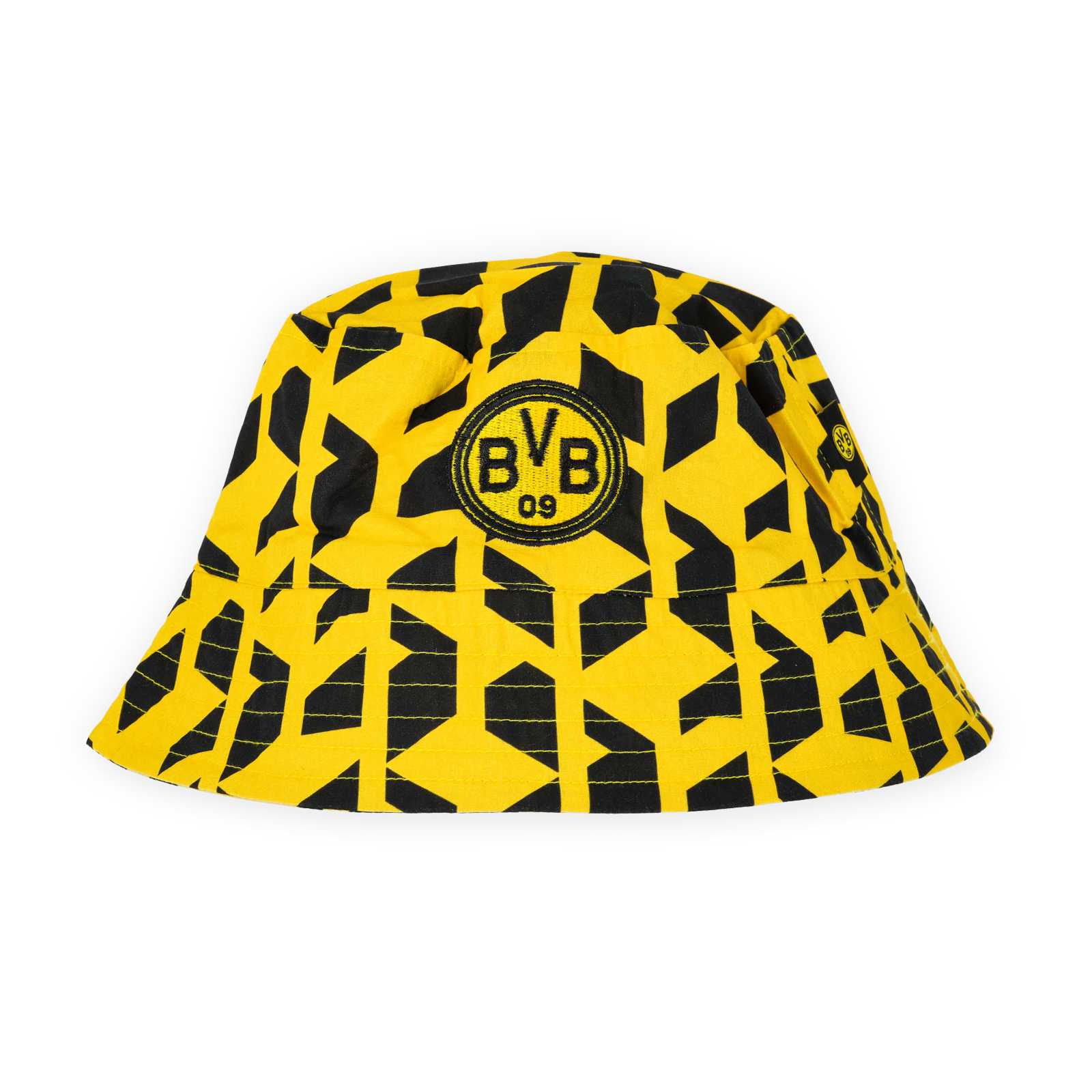 Die Vorderansicht des schwarzgelben Fischerhuts mit Muster und Retro-BVB-Emblem mittig