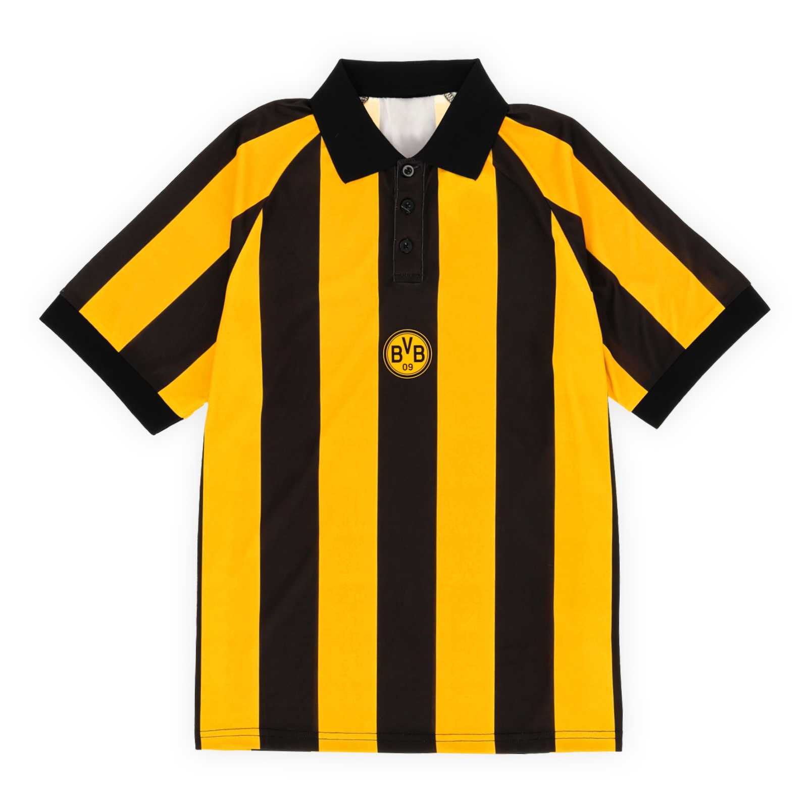 Die Vorderansicht des gelbschwarz längs-gestreiften Poloshirts mit schwarzem Kragen und BVB-Emblem auf der Brust