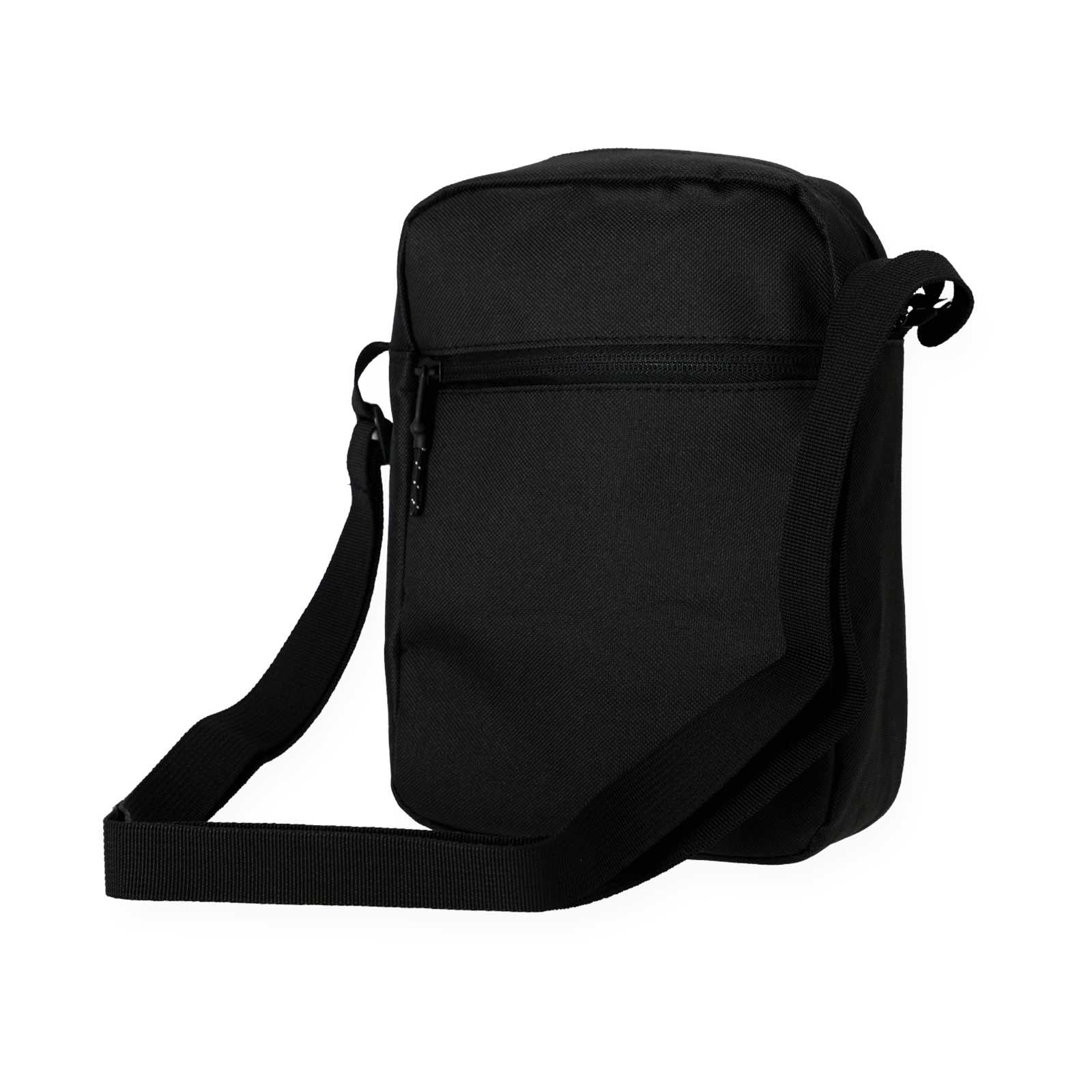 Die Rückansicht der schwarzen Tasche mit Gurt