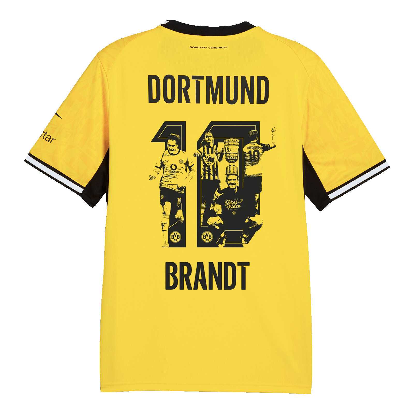 Rückansicht des BVB-Heimtrikots 26/27 mit der Nummer 10 und Bild von Julian Brandt.