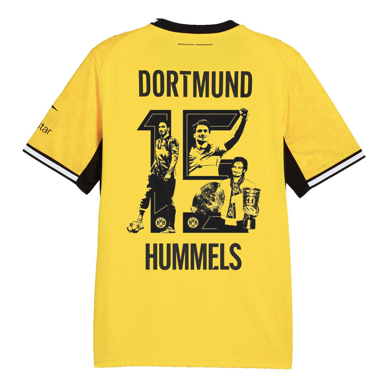 Rückansicht des BVB-Heimtrikots 26/27 mit der Nummer 15 und Bild von Mats Hummels.