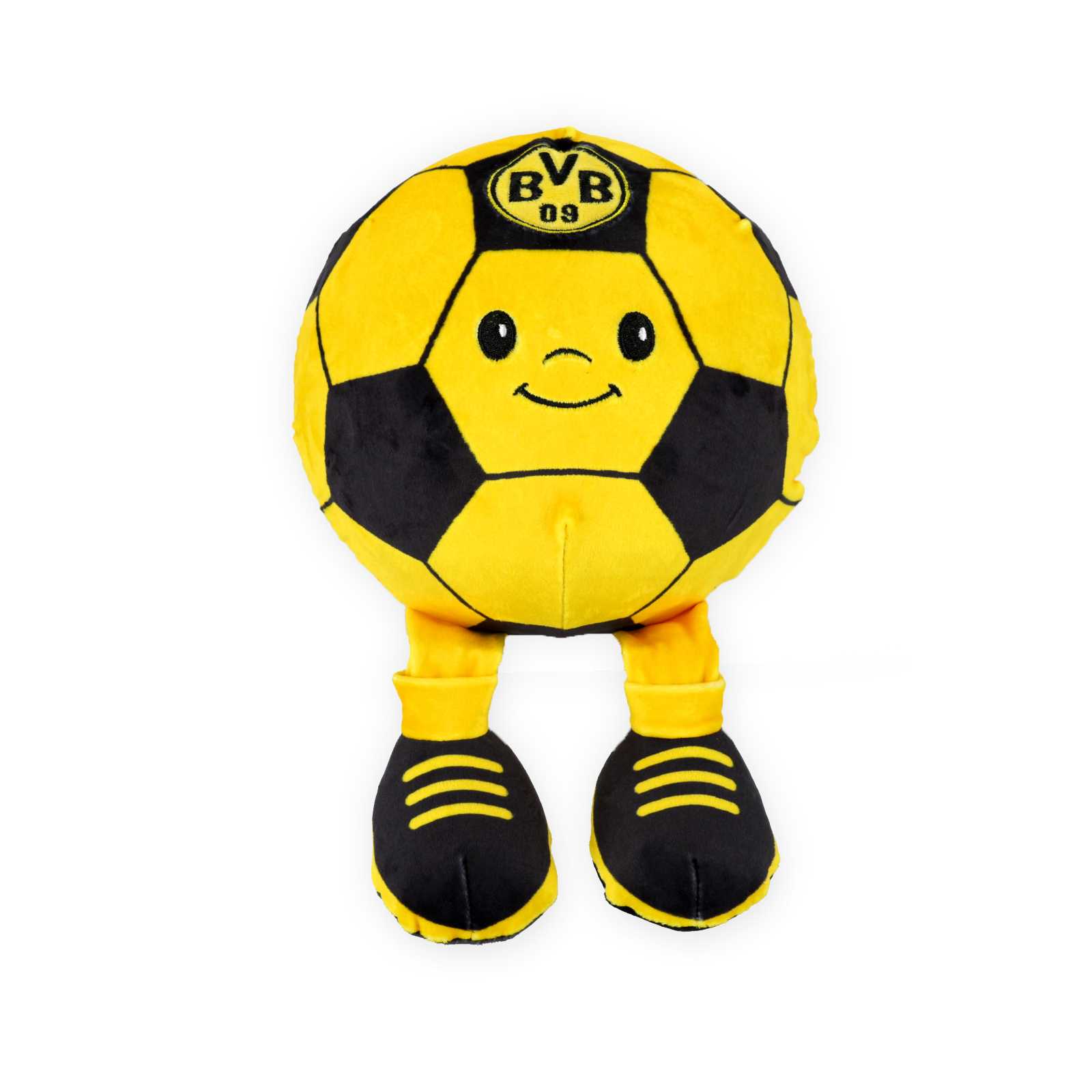 Vorderansicht des schwarzgelben Fußballs als Kuscheltier mit Gesicht und Füßen die herunter baumeln.