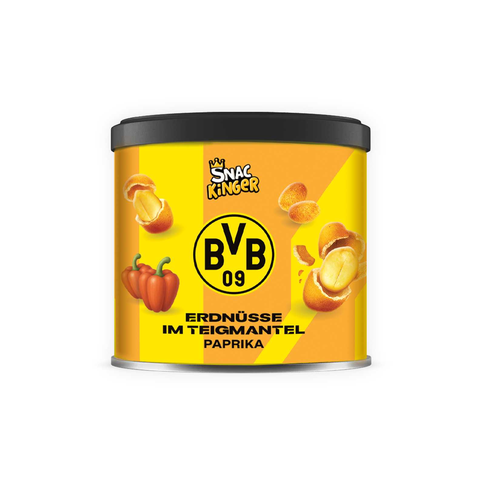 Die Vorderansicht der Erdnuss-Dose mit gelbgrauem Muster, Abbildung der Nüsse, einem BVB-Emblem und der Aufschrift Erdnüsse im Teigmantel Paprika