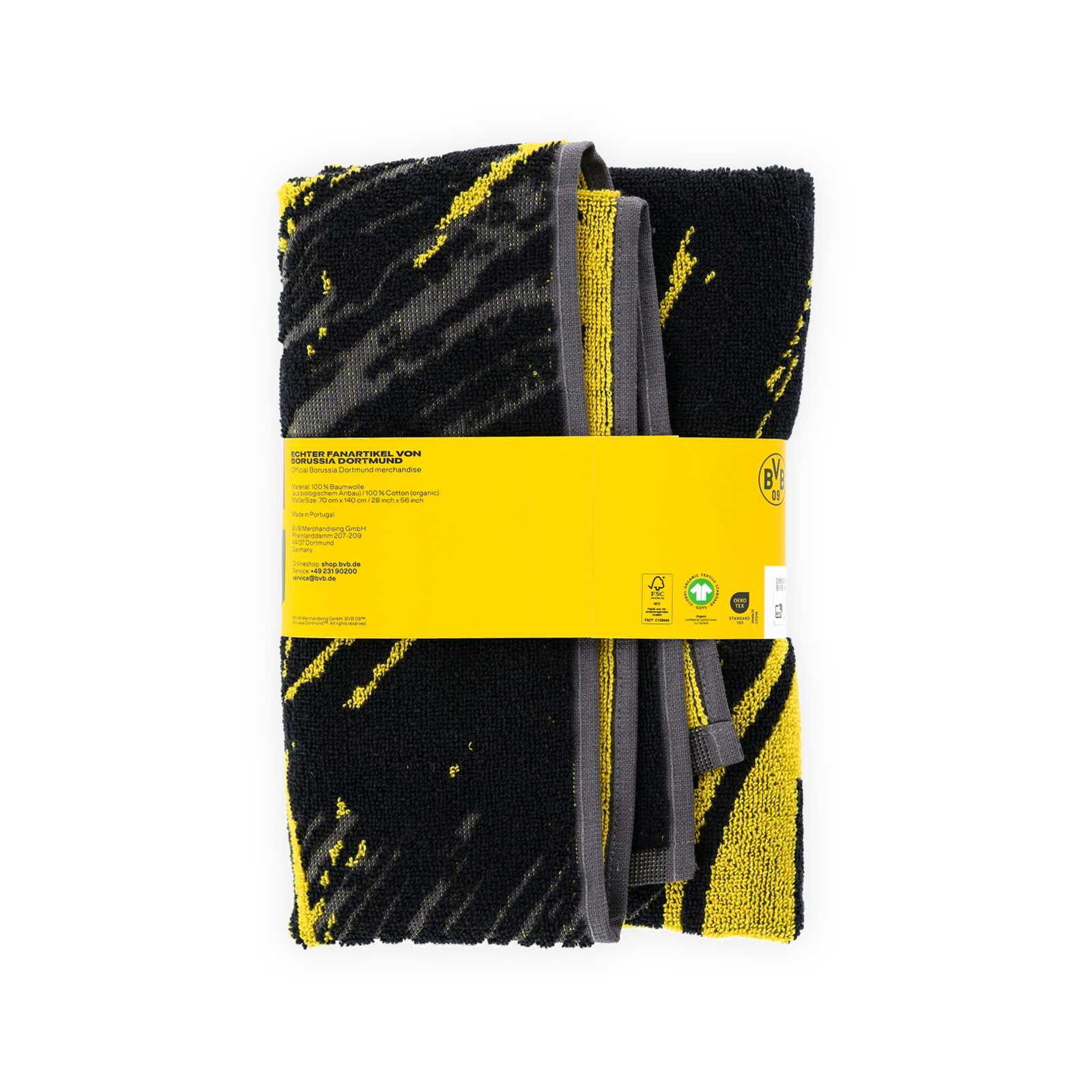 Rückansicht des zusammengelegtem BVB-Handtuchs in der Verpackung.
