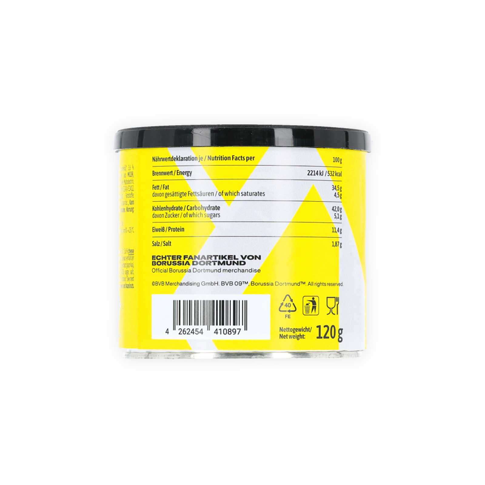 Die Rückansicht der Erdnuss-Dose mit gelbgrauem Muster, Nährwertangaben, Inhaltsstoffen und Barcode