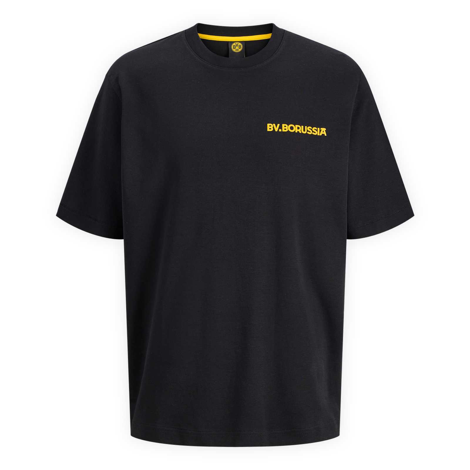 Die Vorderansicht des schwarzen T-Shirts mit gelbem BV. Borussia Schriftzug auf der Brust