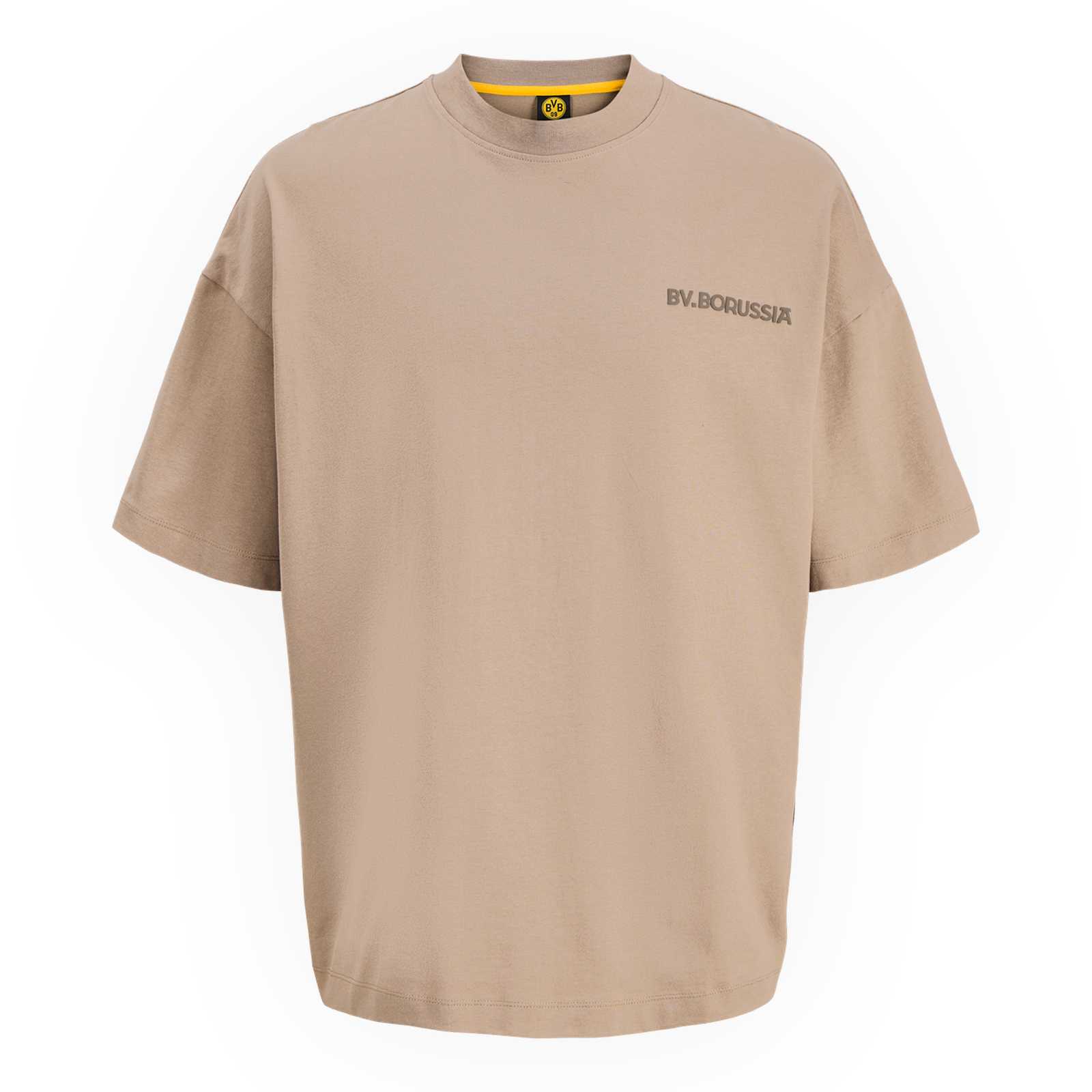 Die Vorderansicht des beigen T-Shirts mit schwarzem BV. Borussia Schriftzug auf der Brust