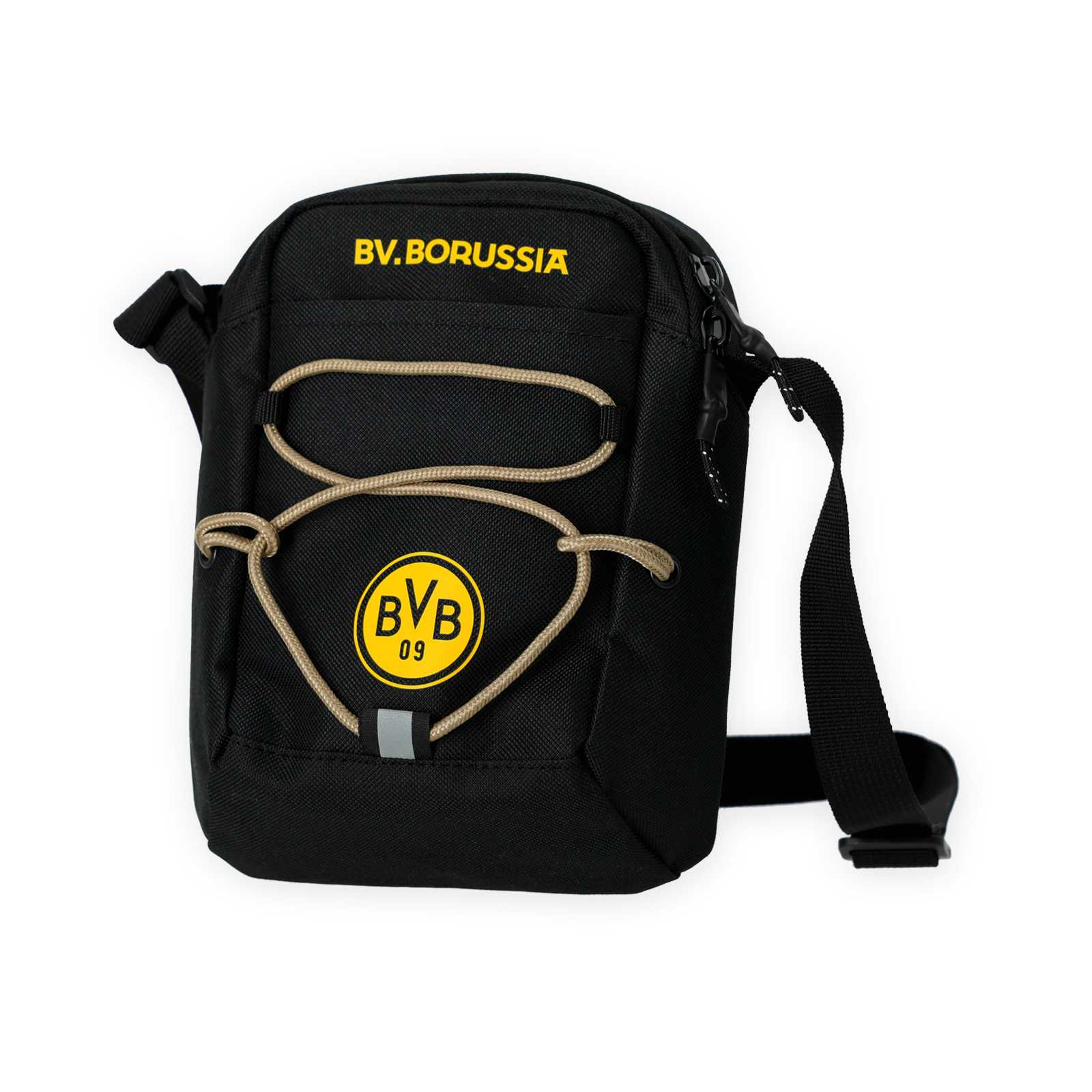 Die Vorderansicht der schwarzen Umhängetasche mit Retro BVB-Logo, der gelben Aufschrift BV. Borussia und beigen Schnüren