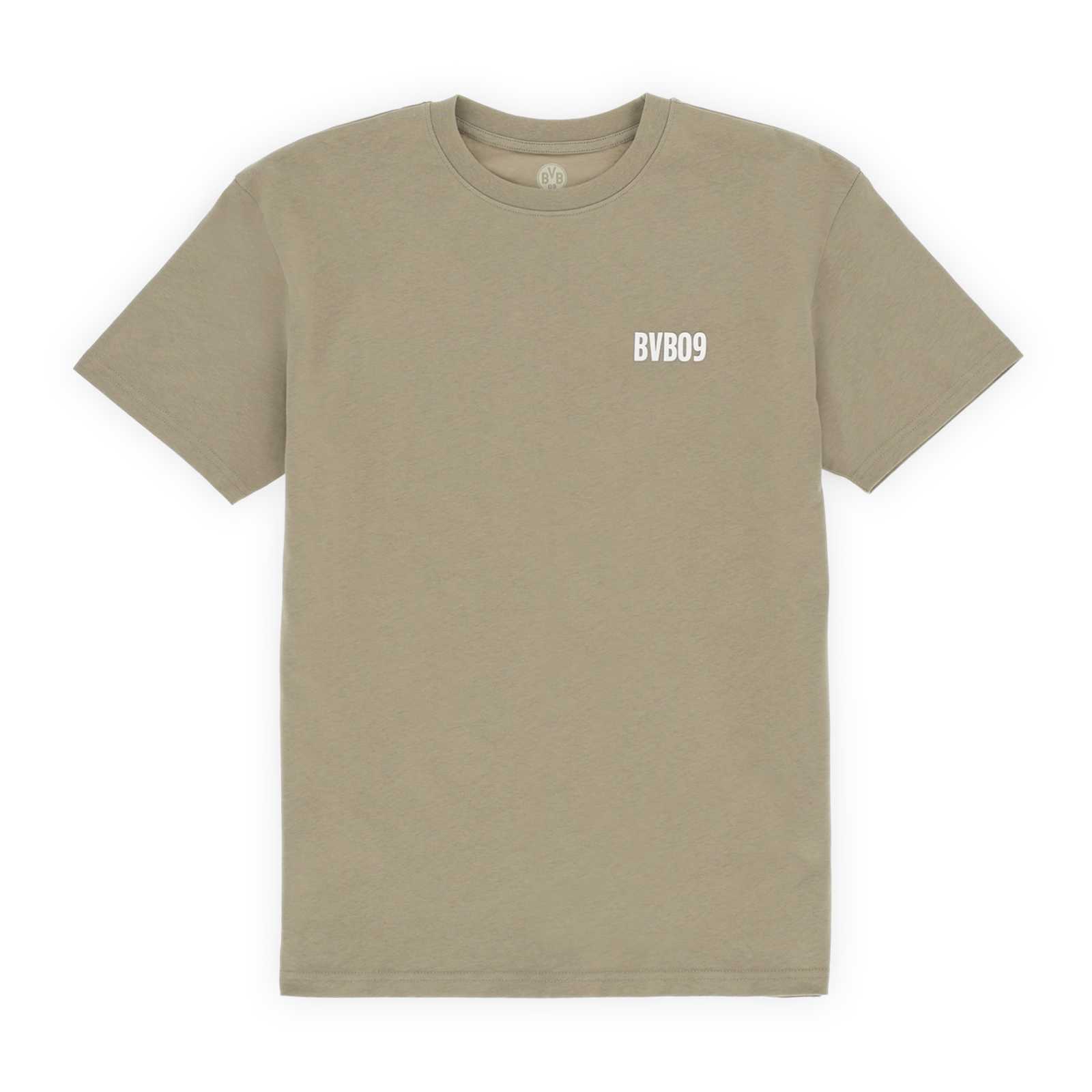 Die Vorderansicht des salbei T-Shirts mit weißem BVB09-Schriftzug auf der Brust
