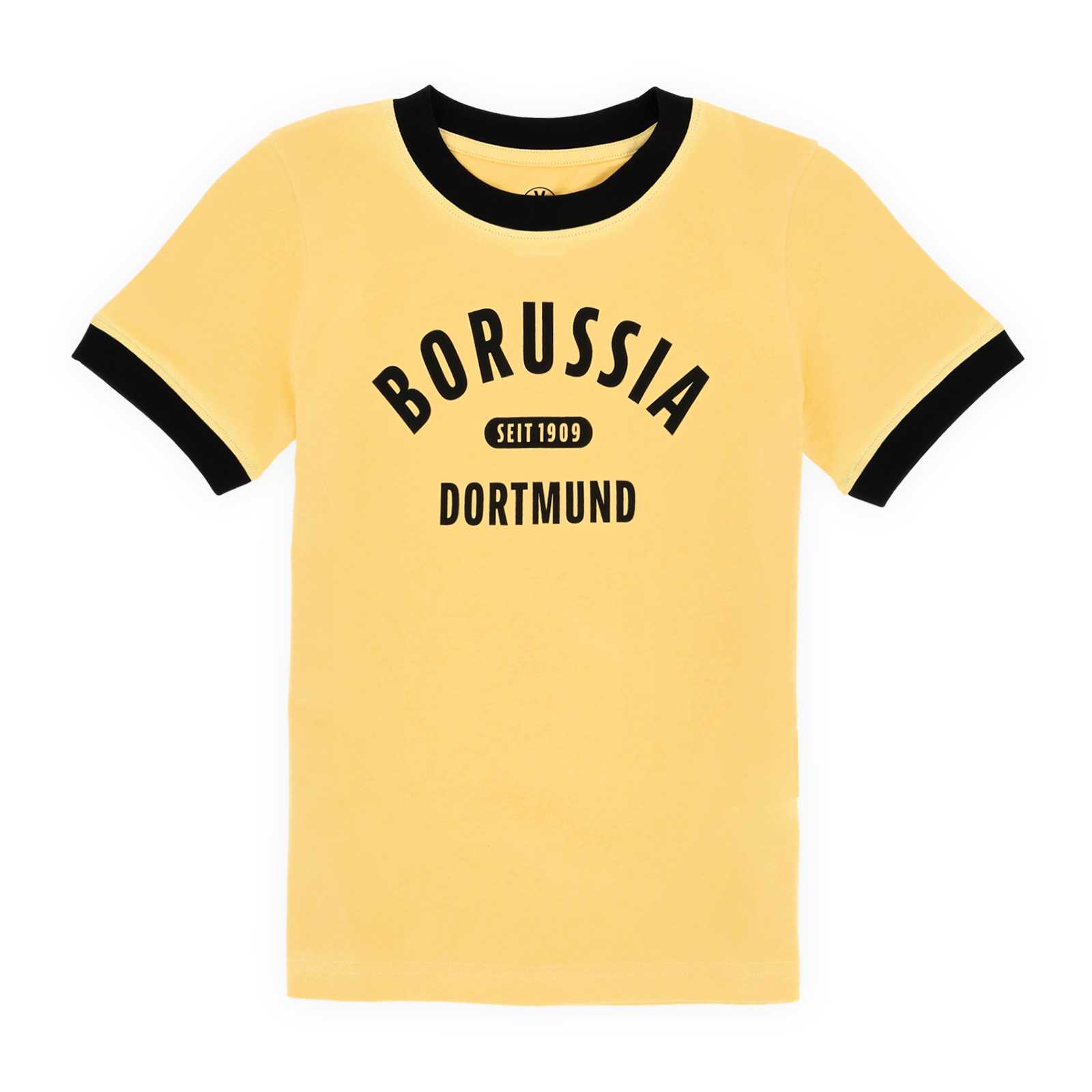 Die Vorderansicht des gelben T-Shirts mit schwarzem Borussia Dortmund seit 1909-Schriftzug mittig auf der Brust und schwarzen Ärmelbündchen und Kragen