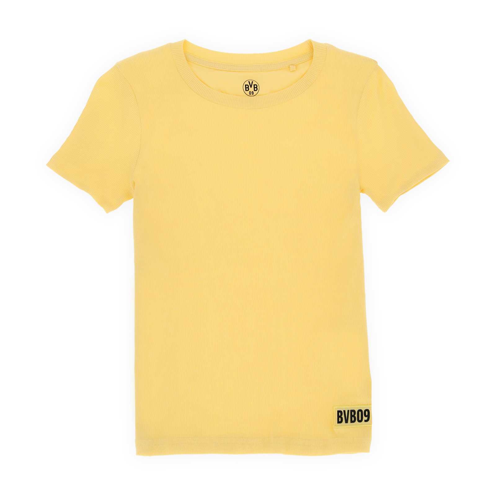 Die Vorderansicht des gelben T-Shirts mit schwarzem BVB09-Schriftzug am unteren Bereich und schwarzem BVB-Emblem innen im Nacken