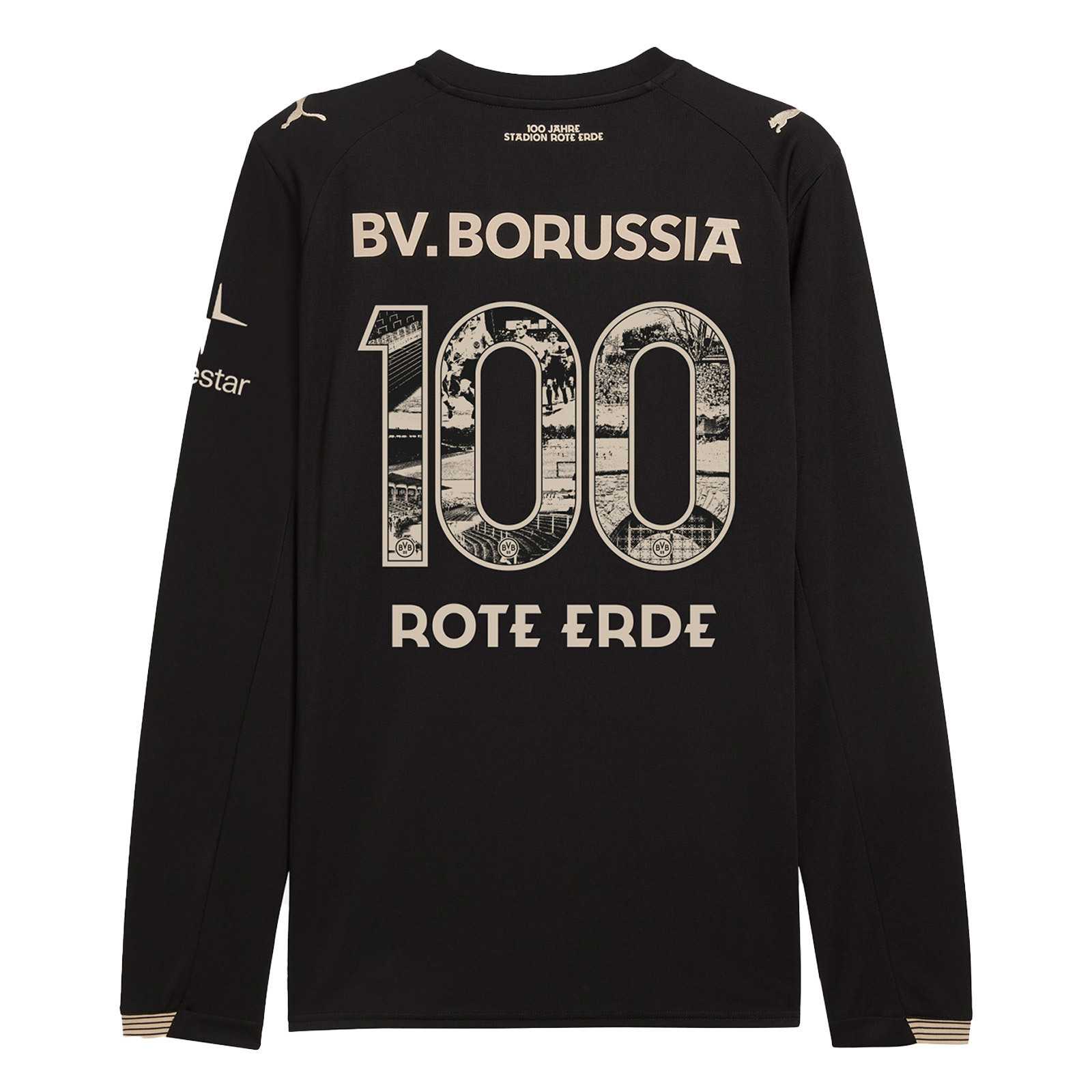 Die Rückansicht des schwarzen Sondertrikots mit BV. Borussia Schriftzug in beige und dem 100-Jahre-Sonderflock